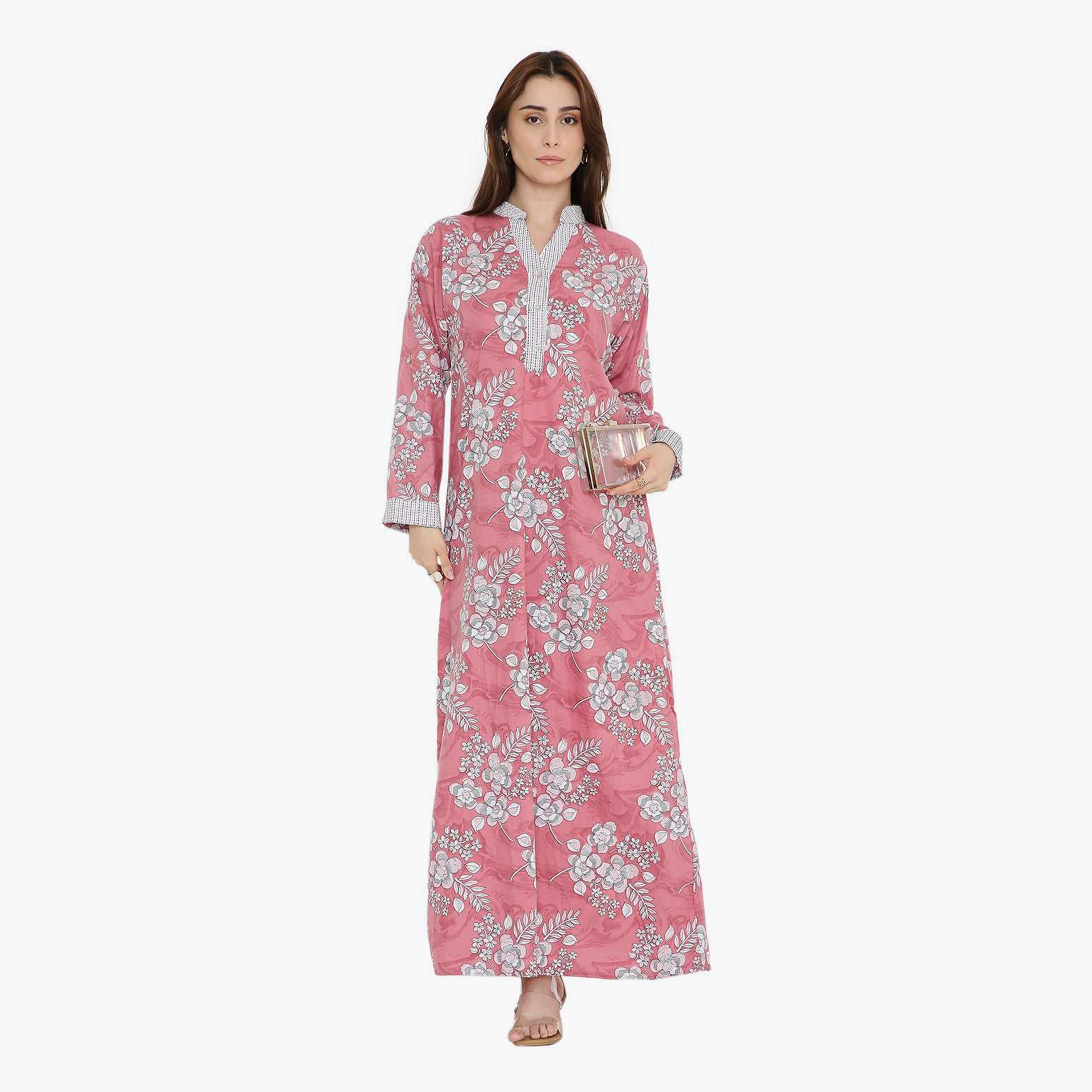 جلابية نسائية بطبعة زهور وياقة صينية من هنا أند سارة-women-arabicclothing-jalabiyas-image-6