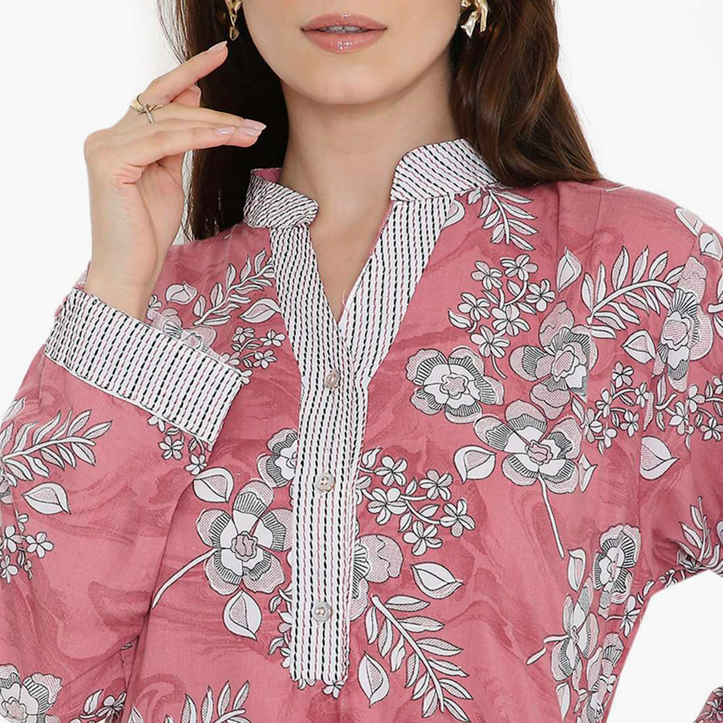 جلابية نسائية بطبعة زهور وياقة صينية من هنا أند سارة-women-arabicclothing-jalabiyas-image-7