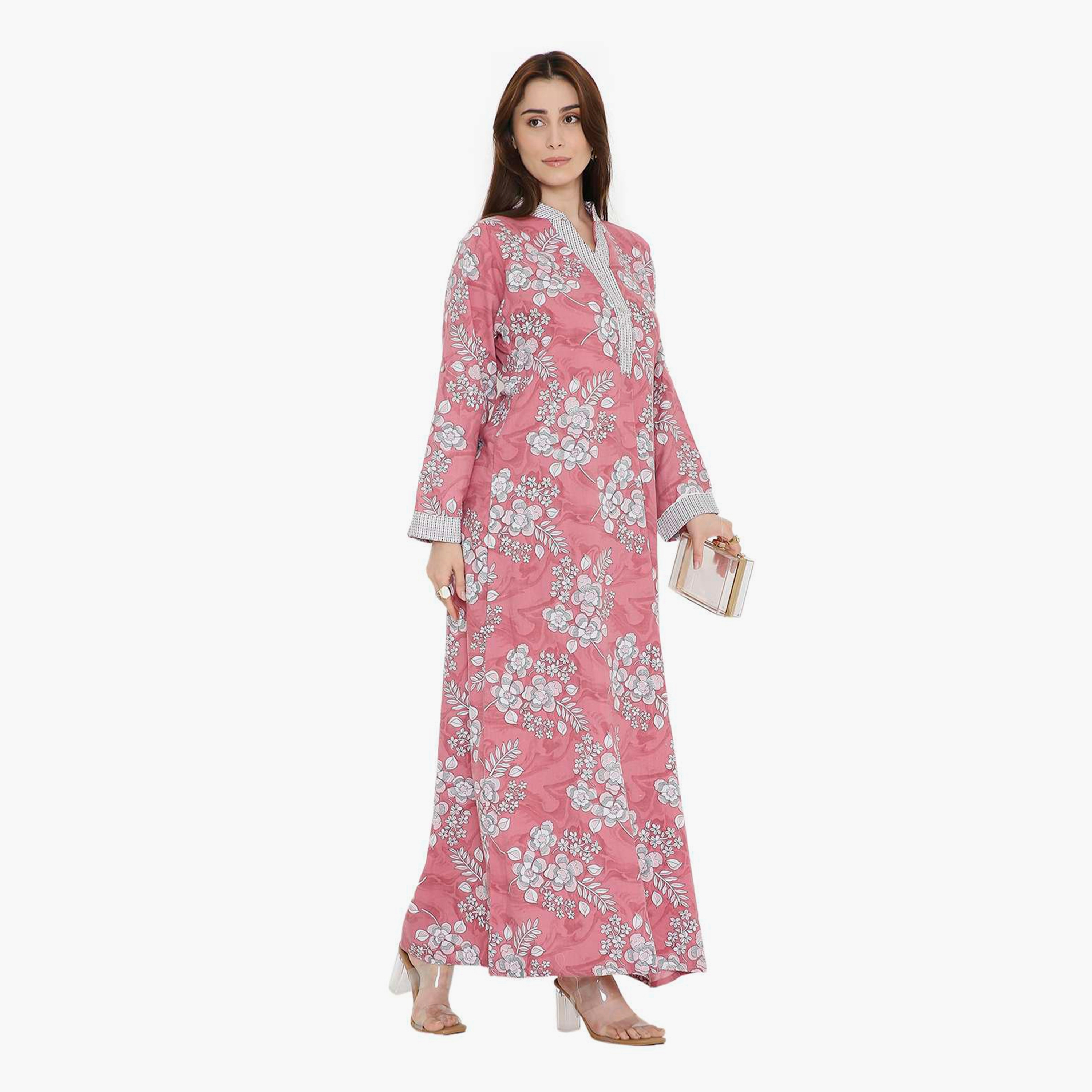 جلابية نسائية بطبعة زهور وياقة صينية من هنا أند سارة-women-arabicclothing-jalabiyas-image-8
