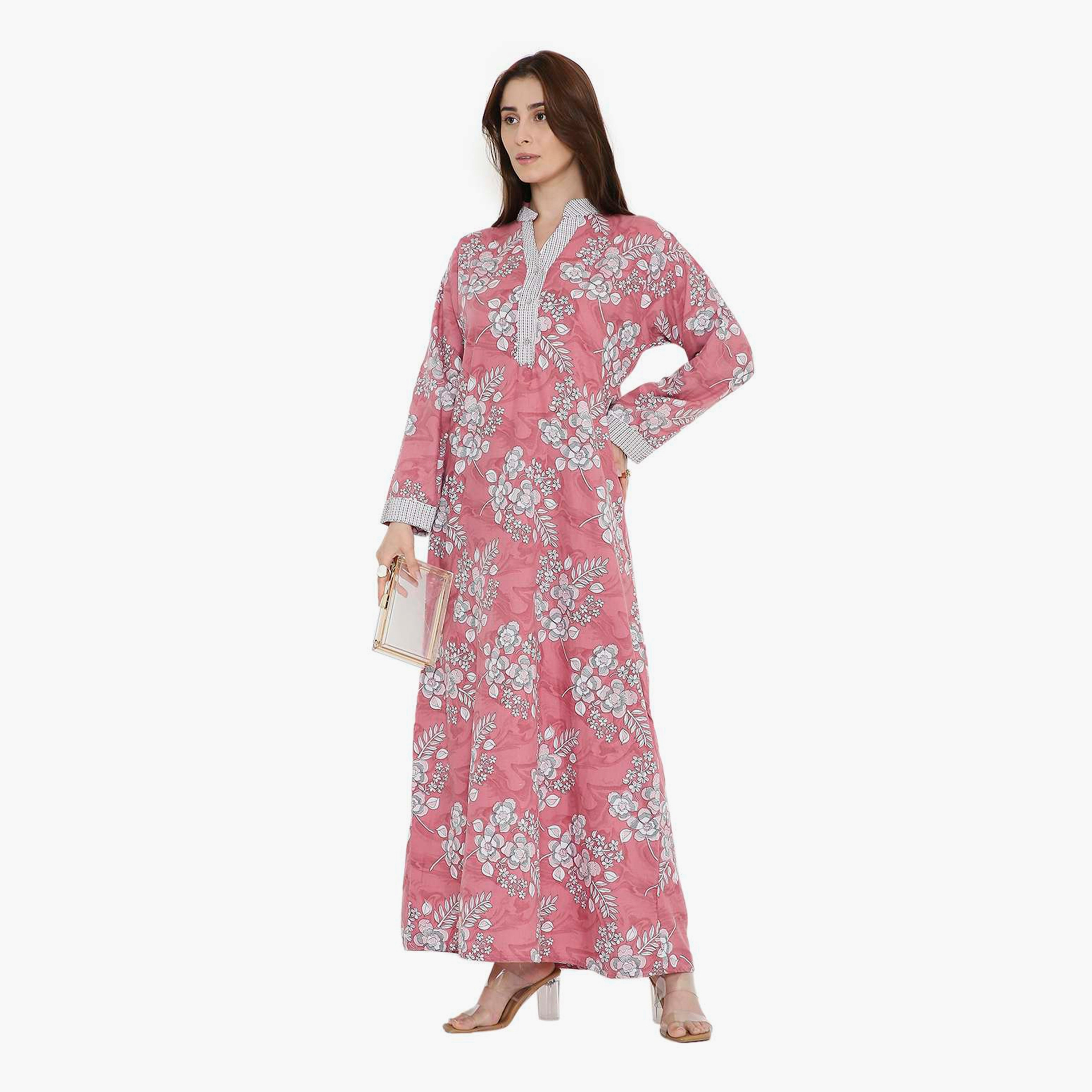 جلابية نسائية بطبعة زهور وياقة صينية من هنا أند سارة-women-arabicclothing-jalabiyas-image-9
