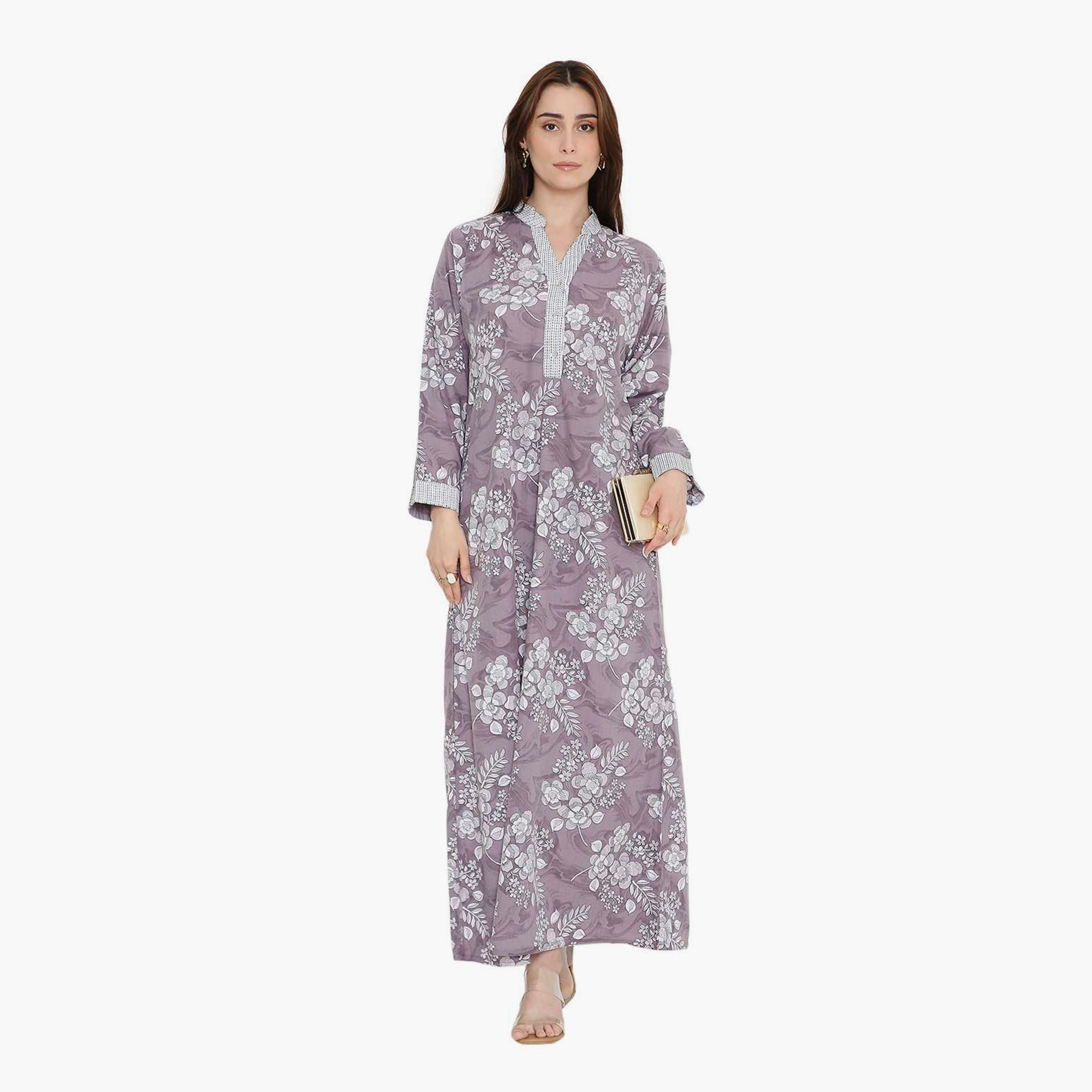 جلابية نسائية بطبعة زهور وياقة صينية من هنا أند سارة-women-arabicclothing-jalabiyas-image-1