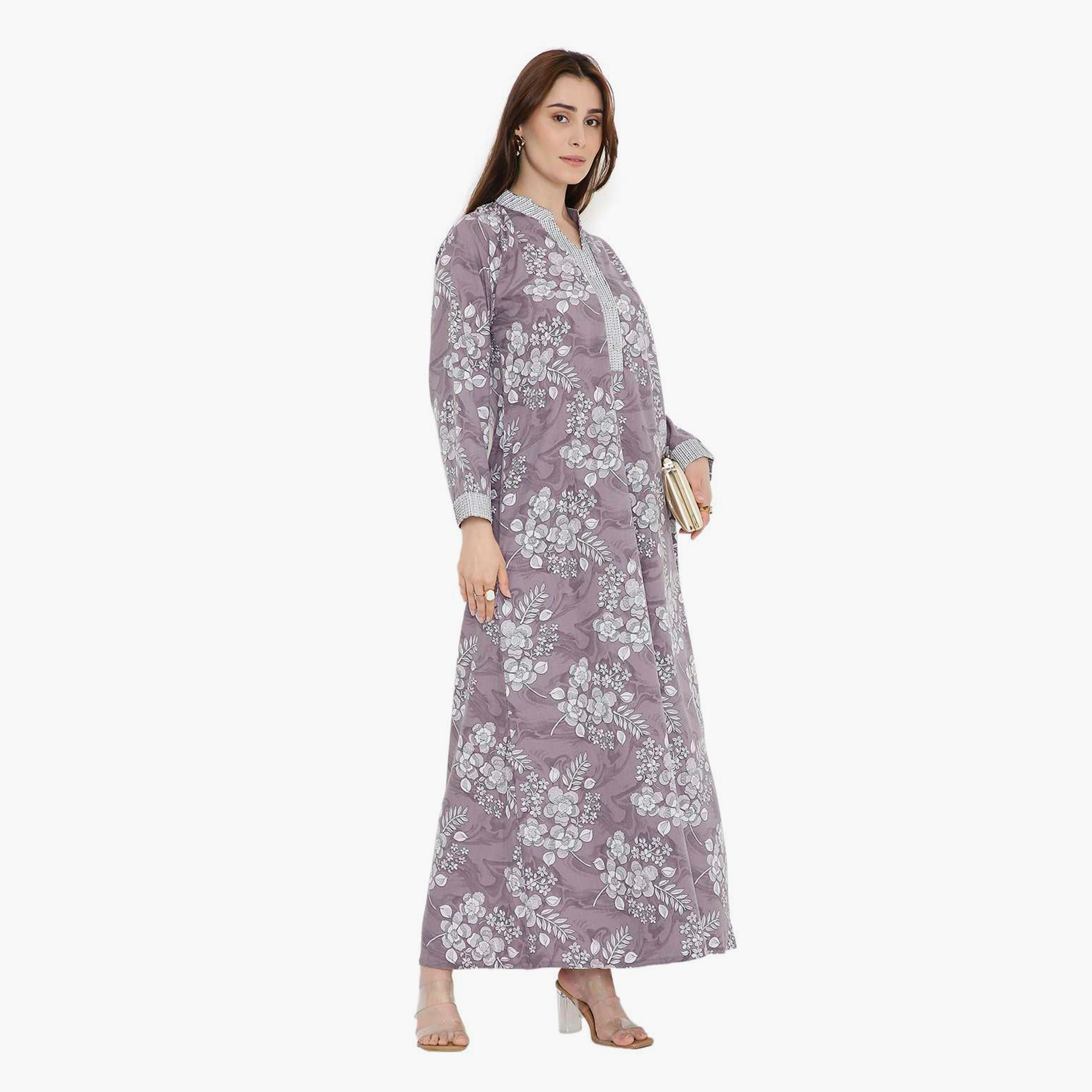 جلابية نسائية بطبعة زهور وياقة صينية من هنا أند سارة-women-arabicclothing-jalabiyas-image-3