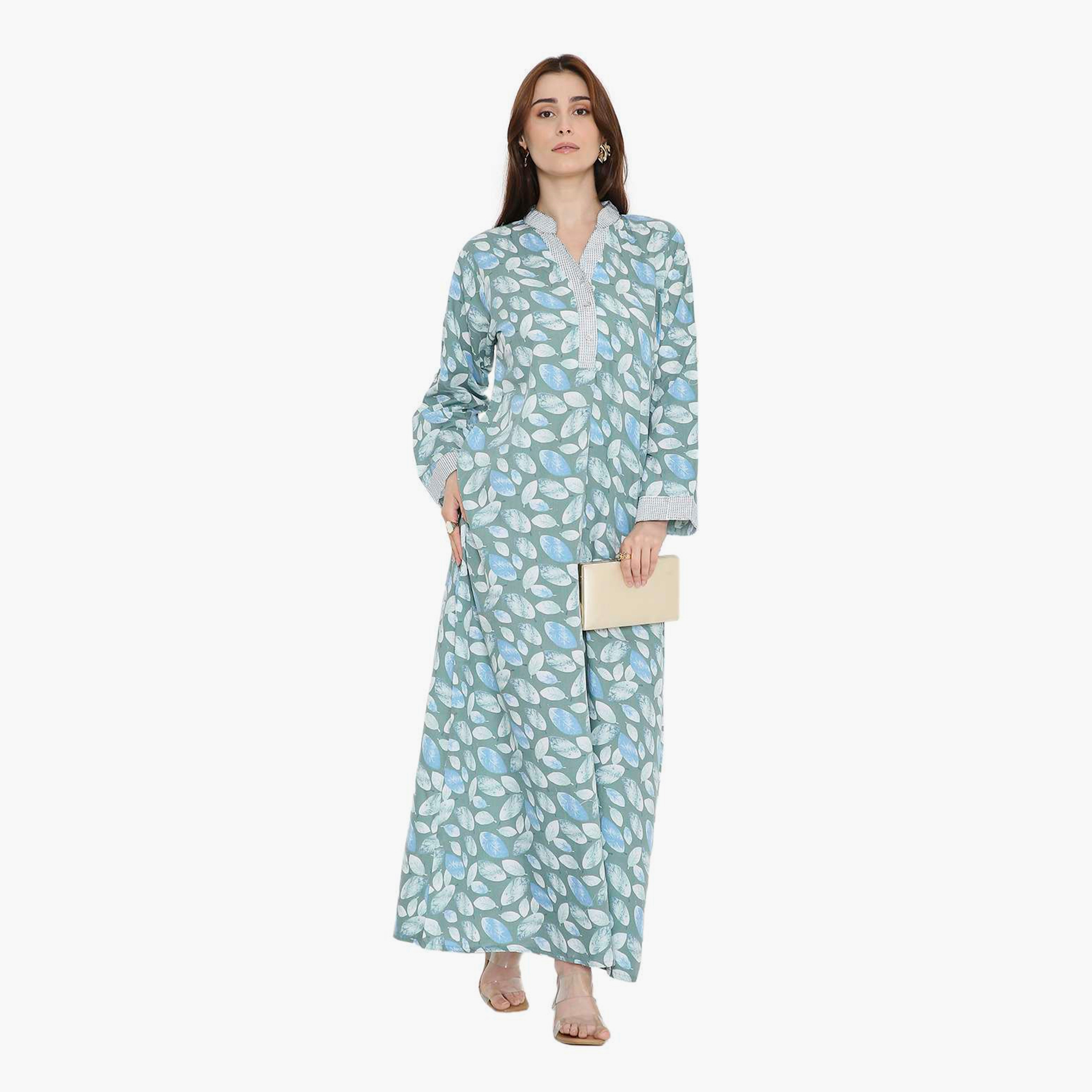 جلابية نسائية بطبعة أوراق الشجر وياقة صينية من هنا أند سارة-women-arabicclothing-jalabiyas-image-11