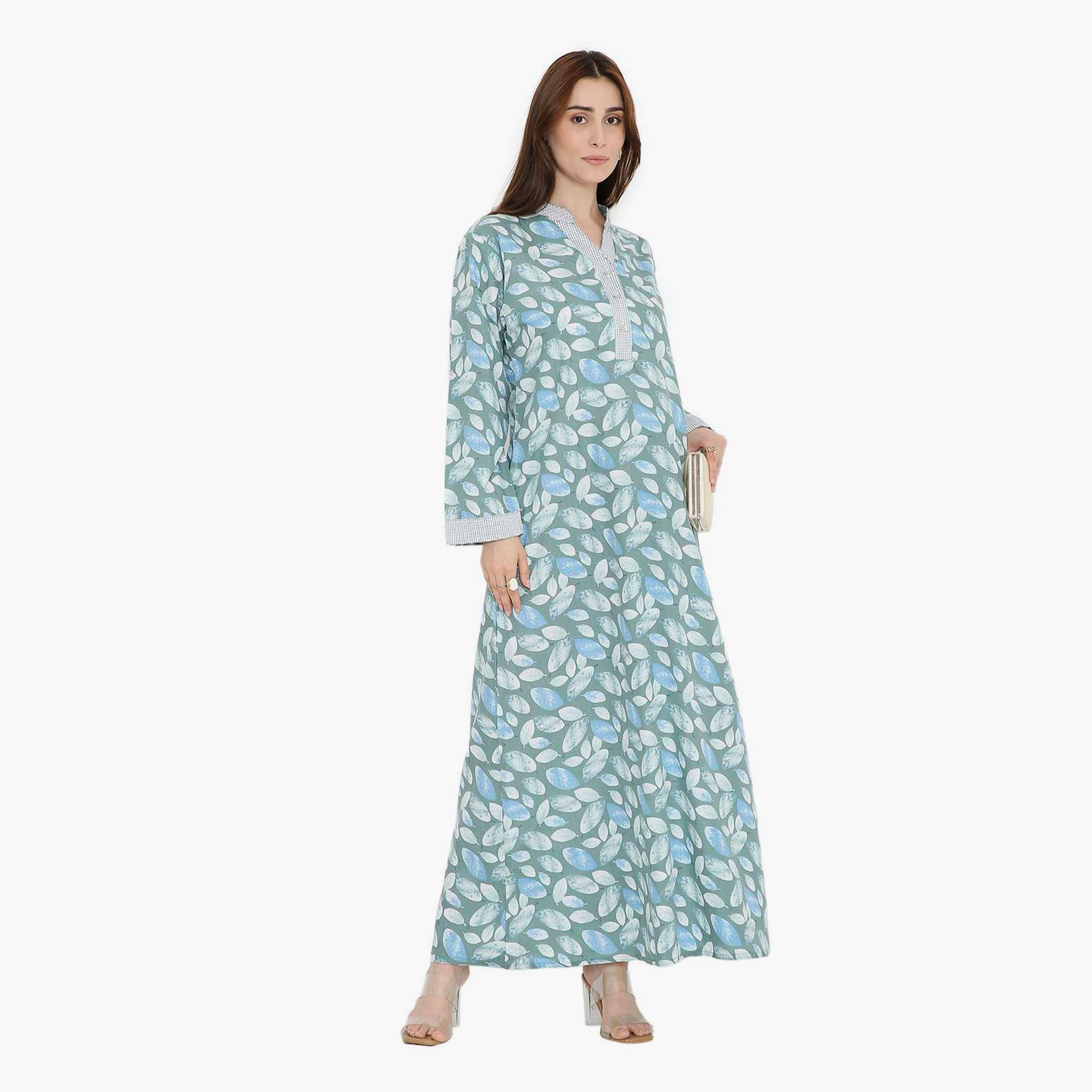 جلابية نسائية بطبعة أوراق الشجر وياقة صينية من هنا أند سارة-women-arabicclothing-jalabiyas-image-13