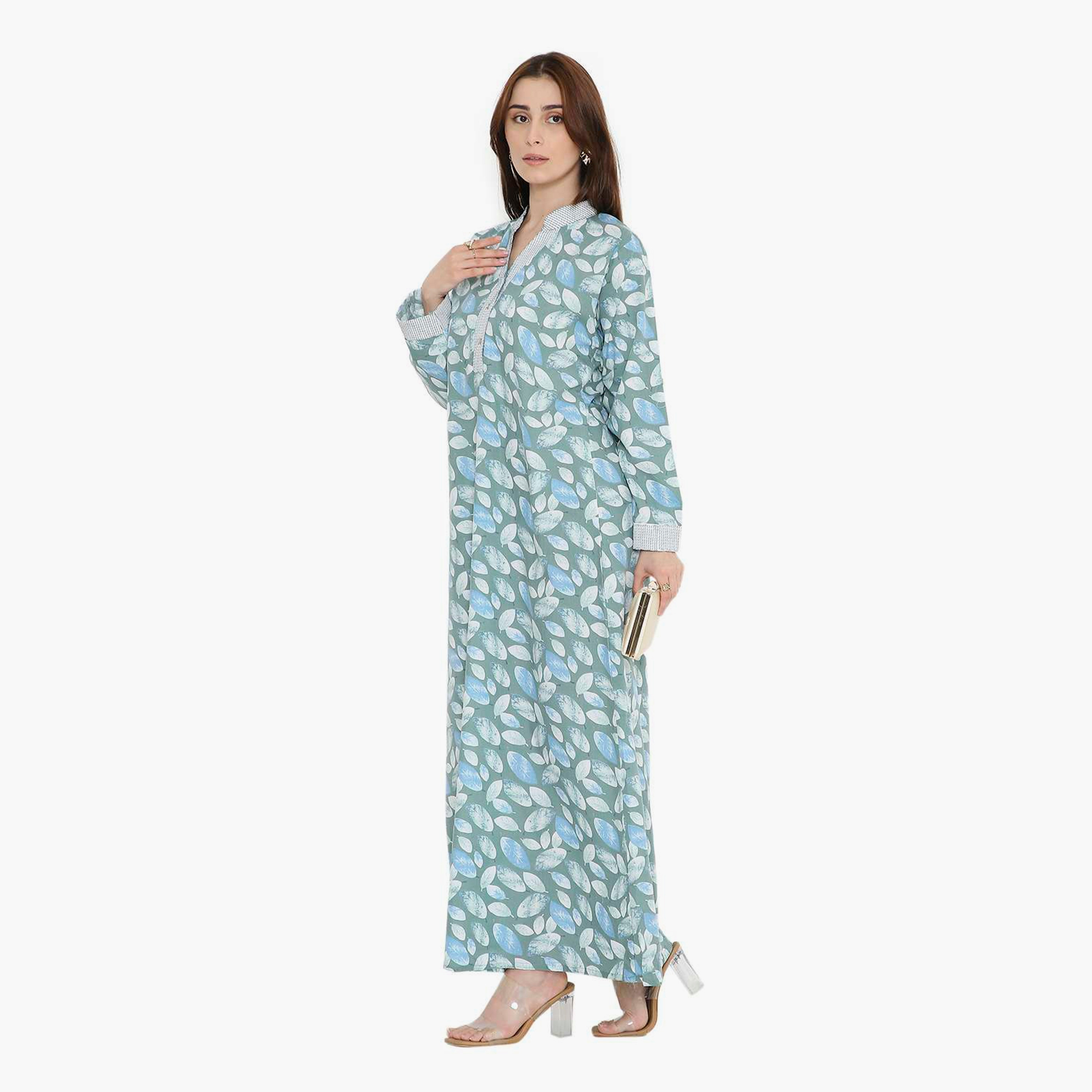 جلابية نسائية بطبعة أوراق الشجر وياقة صينية من هنا أند سارة-women-arabicclothing-jalabiyas-image-14