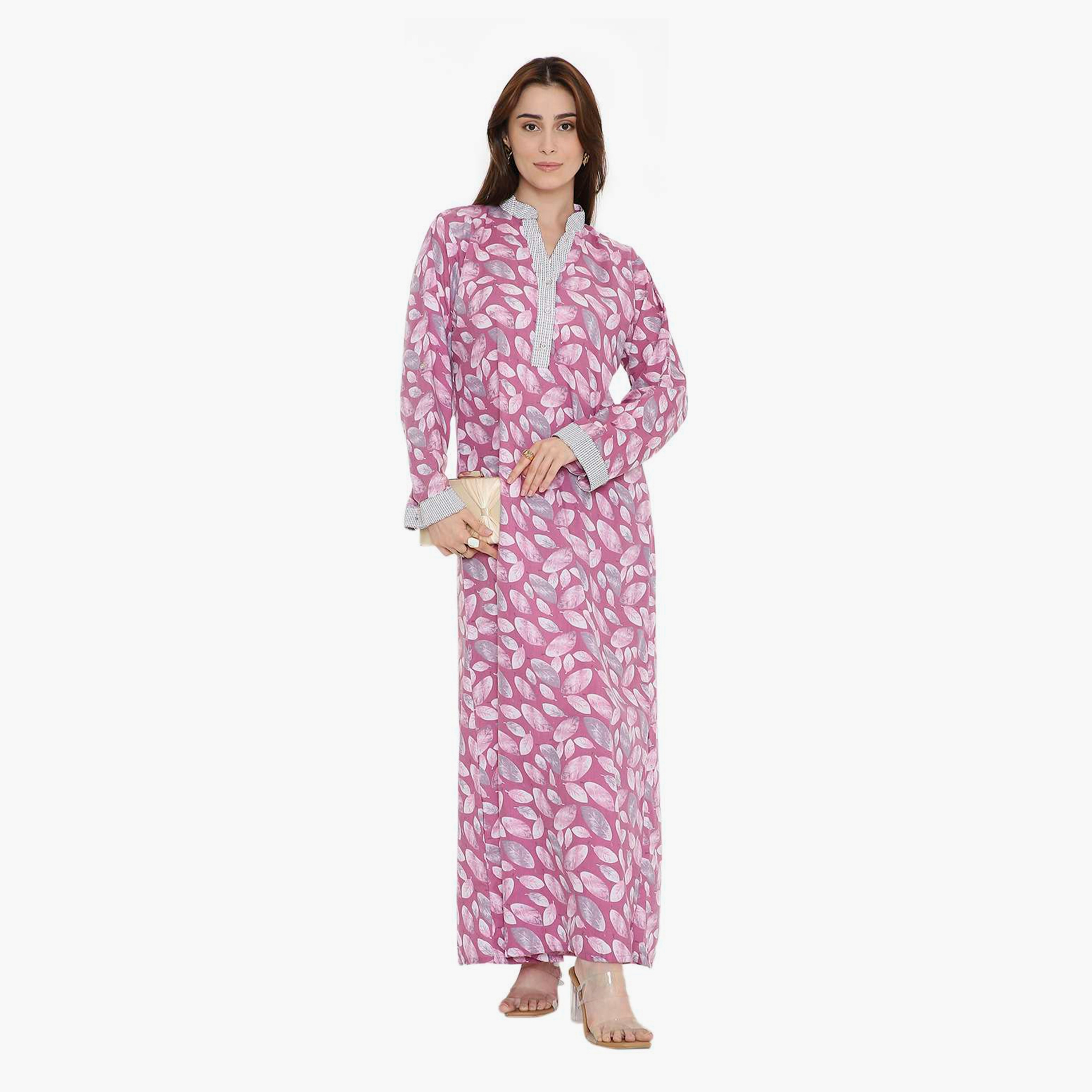 جلابية نسائية بطبعة أوراق الشجر وياقة صينية من هنا أند سارة-women-arabicclothing-jalabiyas-image-6
