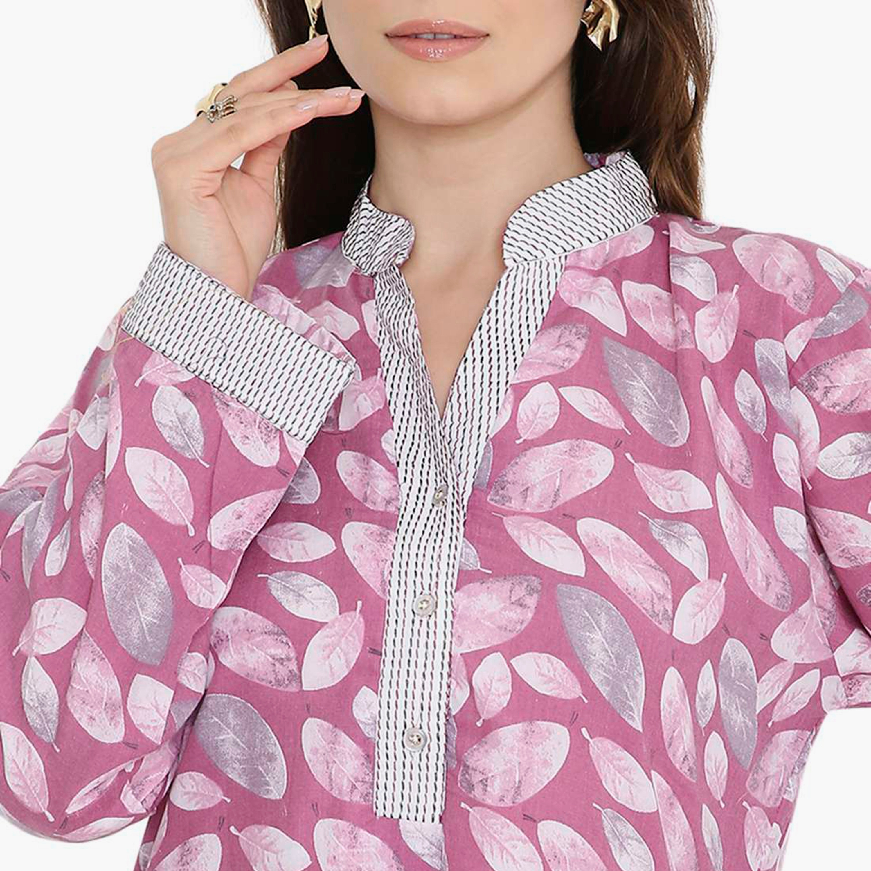 جلابية نسائية بطبعة أوراق الشجر وياقة صينية من هنا أند سارة-women-arabicclothing-jalabiyas-image-7