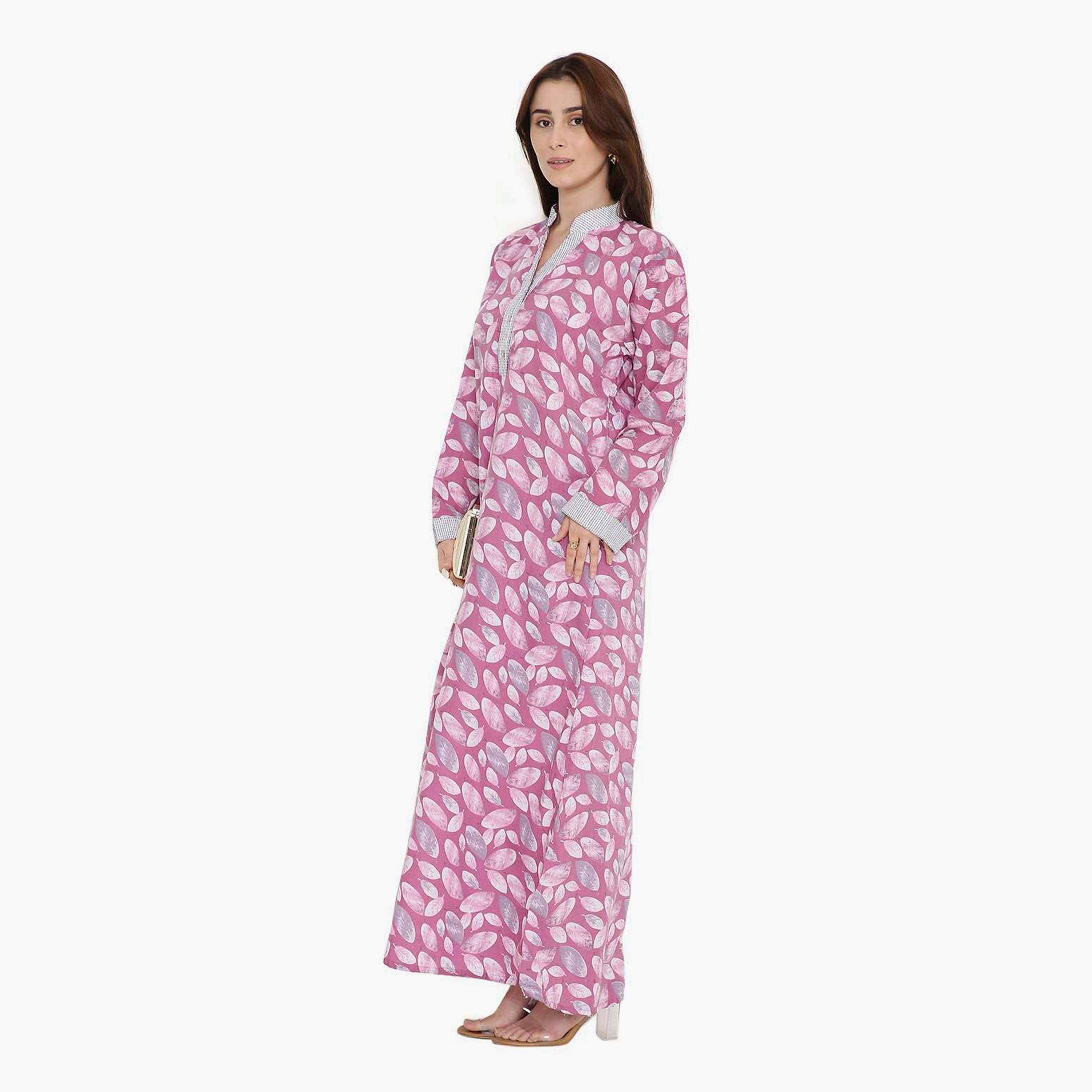 جلابية نسائية بطبعة أوراق الشجر وياقة صينية من هنا أند سارة-women-arabicclothing-jalabiyas-image-9