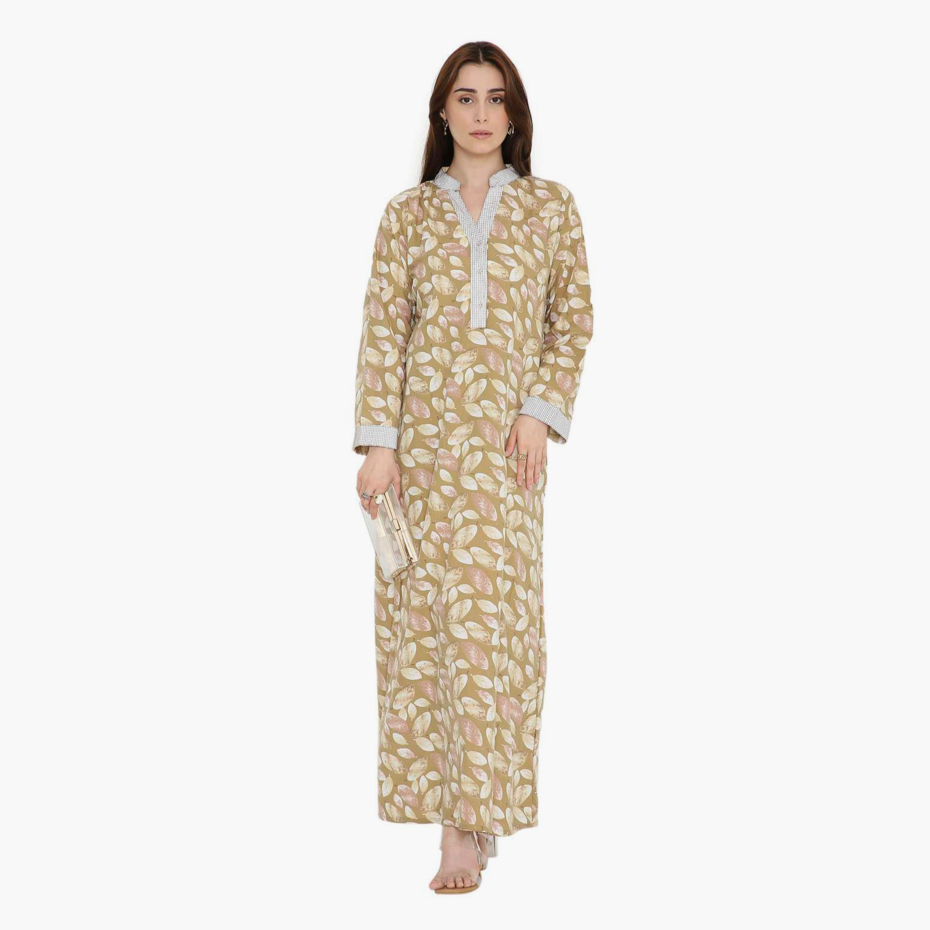 جلابية نسائية بطبعة أوراق الشجر وياقة صينية من هنا أند سارة-women-arabicclothing-jalabiyas-image-1