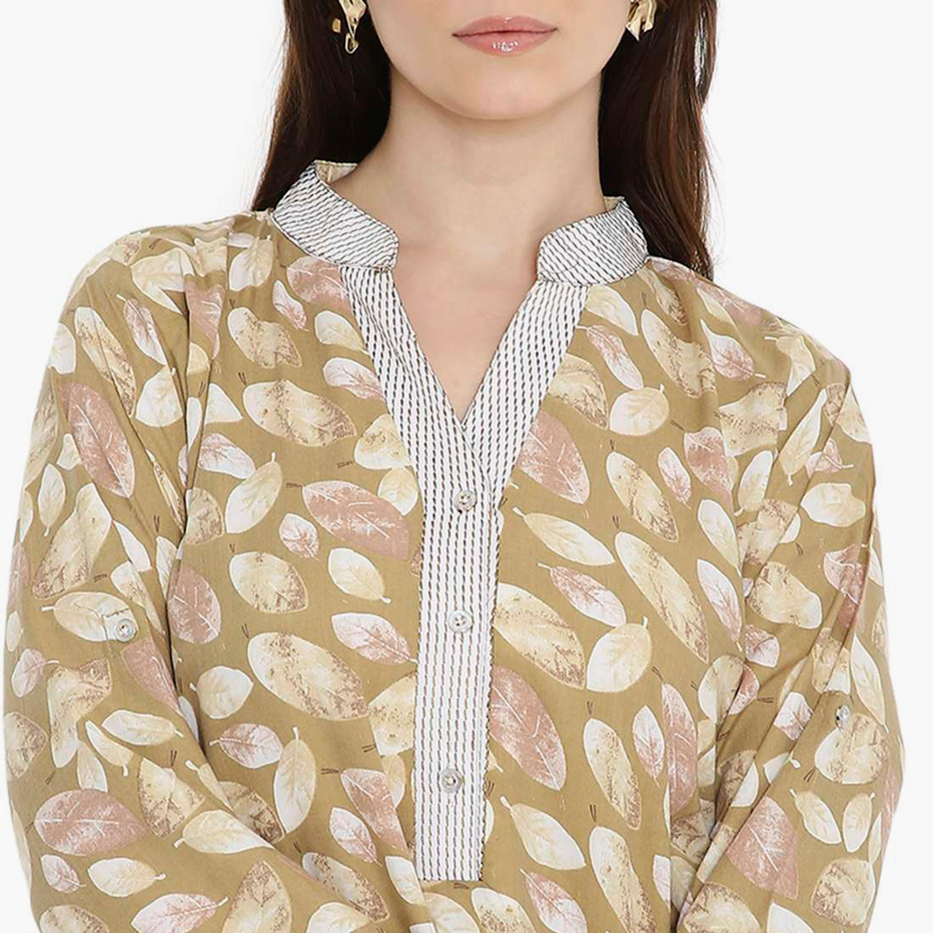 HanaandSara Leaf Print Mandarin Collar Women's Jalabiya-women-arabicclothing-jalabiyas-image-2