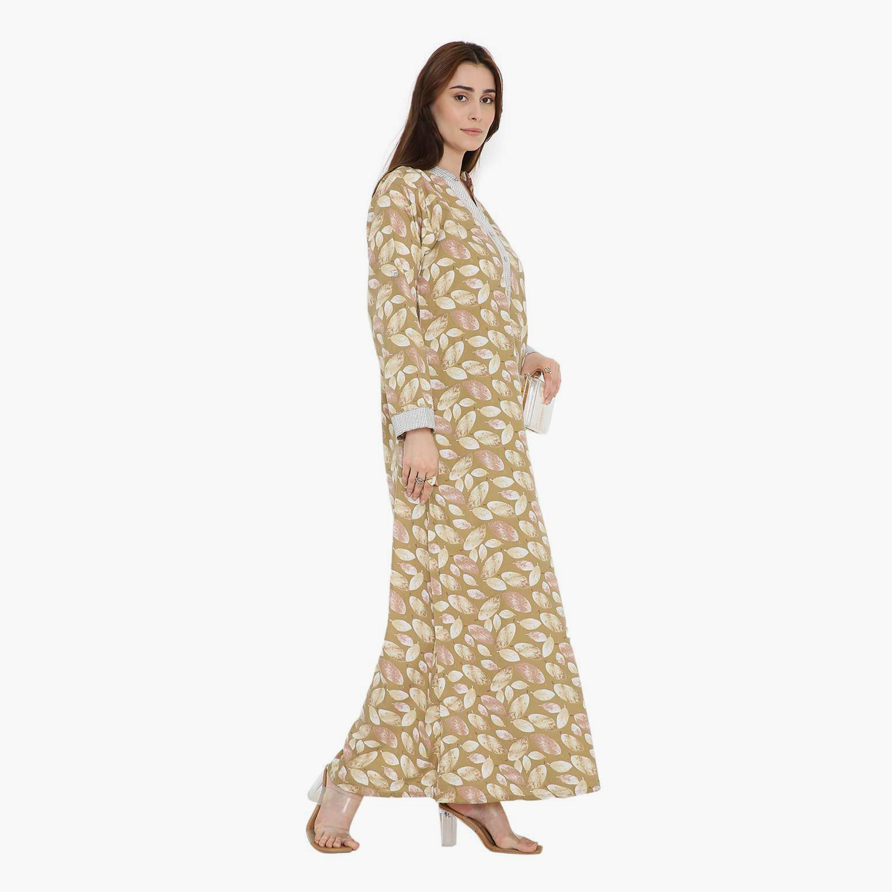 HanaandSara Leaf Print Mandarin Collar Women's Jalabiya-women-arabicclothing-jalabiyas-image-3