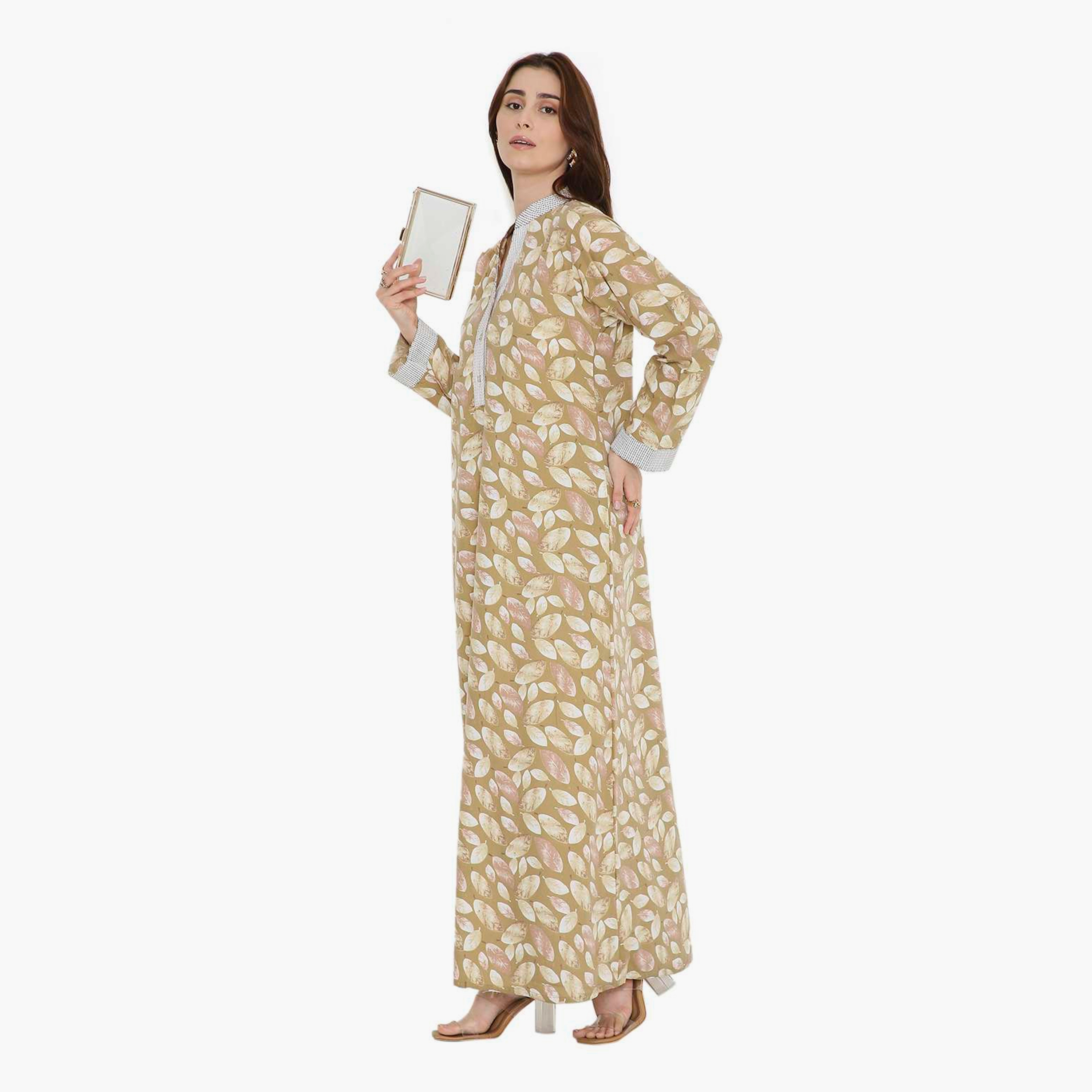 HanaandSara Leaf Print Mandarin Collar Women's Jalabiya-women-arabicclothing-jalabiyas-image-4