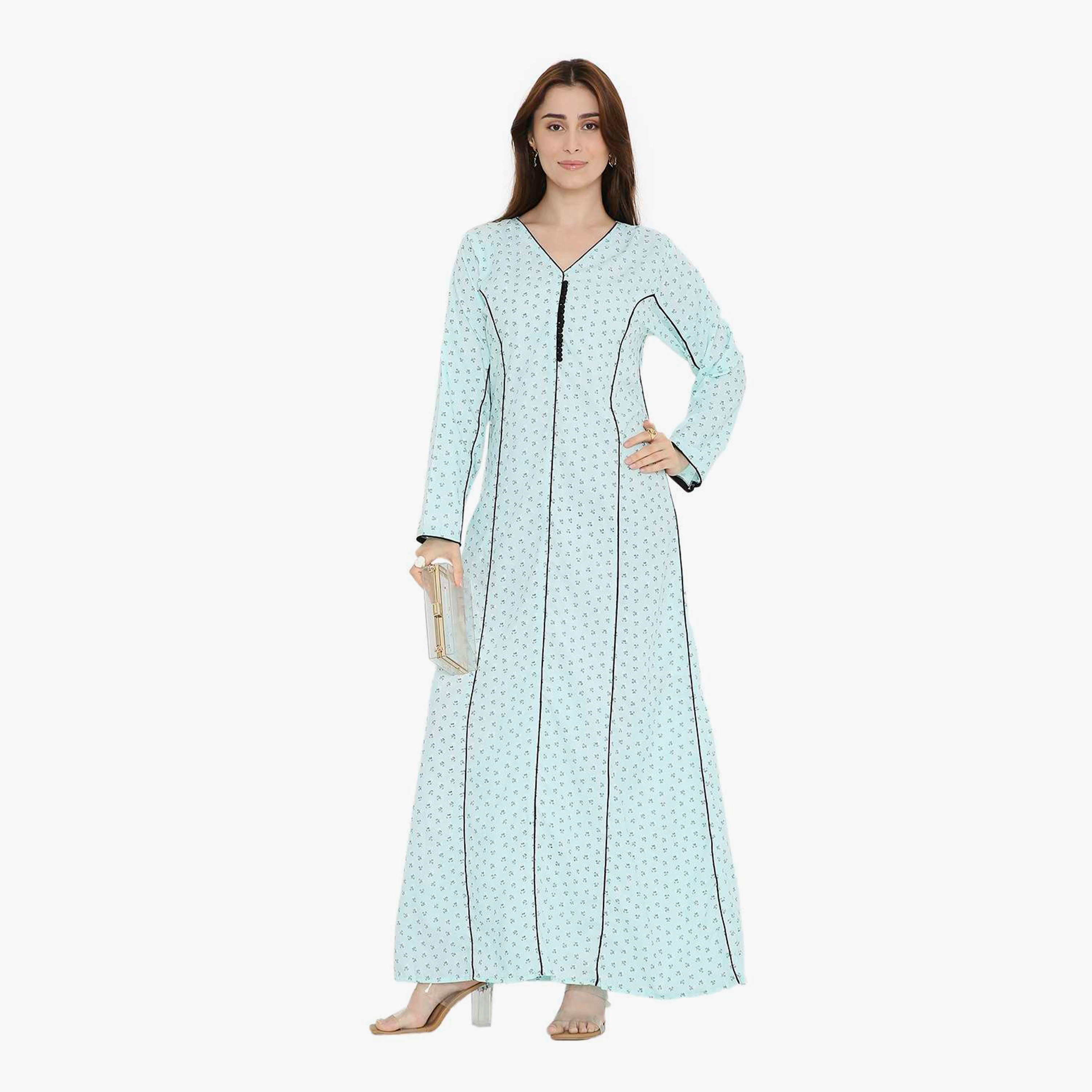جلابية نسائية بطبعة زهور صغيرة مع حواف متباينة من هنا أند سارة-women-arabicclothing-jalabiyas-image-1