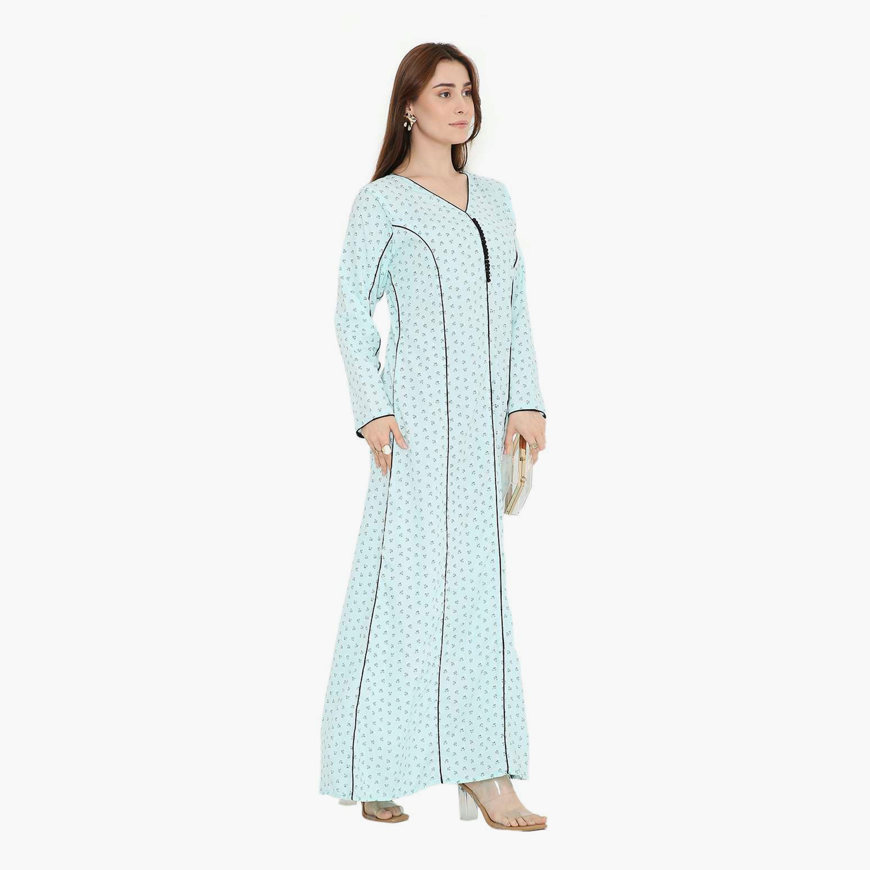 جلابية نسائية بطبعة زهور صغيرة مع حواف متباينة من هنا أند سارة-women-arabicclothing-jalabiyas-image-3