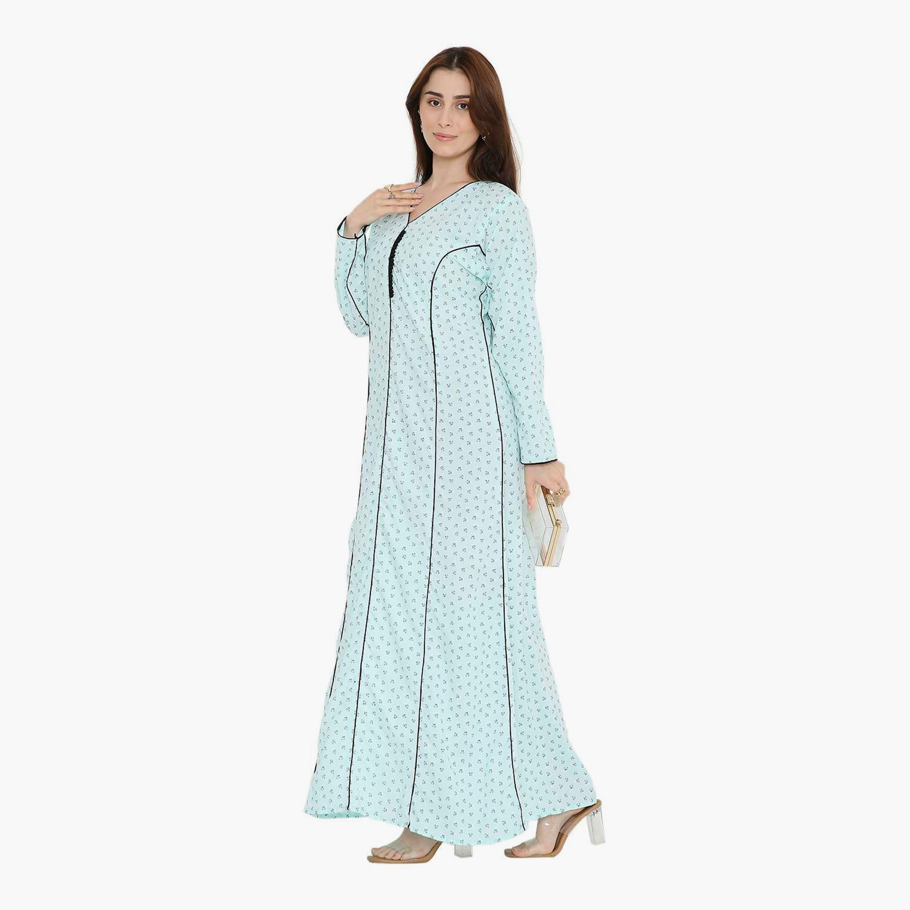 جلابية نسائية بطبعة زهور صغيرة مع حواف متباينة من هنا أند سارة-women-arabicclothing-jalabiyas-image-4