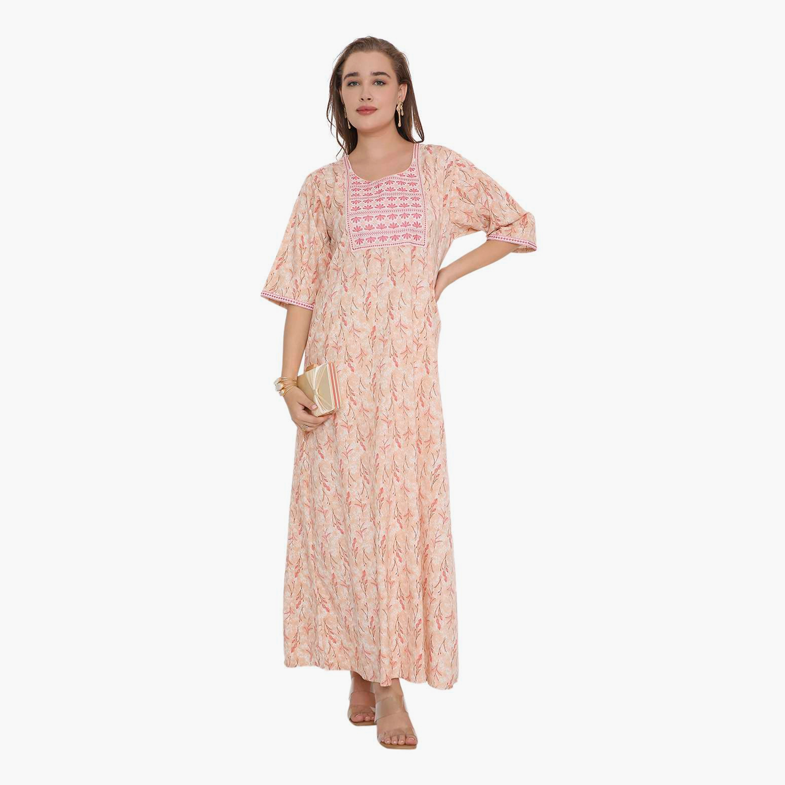 جلابية نسائية بطبعة أوراق الشجر وصدرية مطرزة من هنا أند سارة-women-arabicclothing-jalabiyas-image-1
