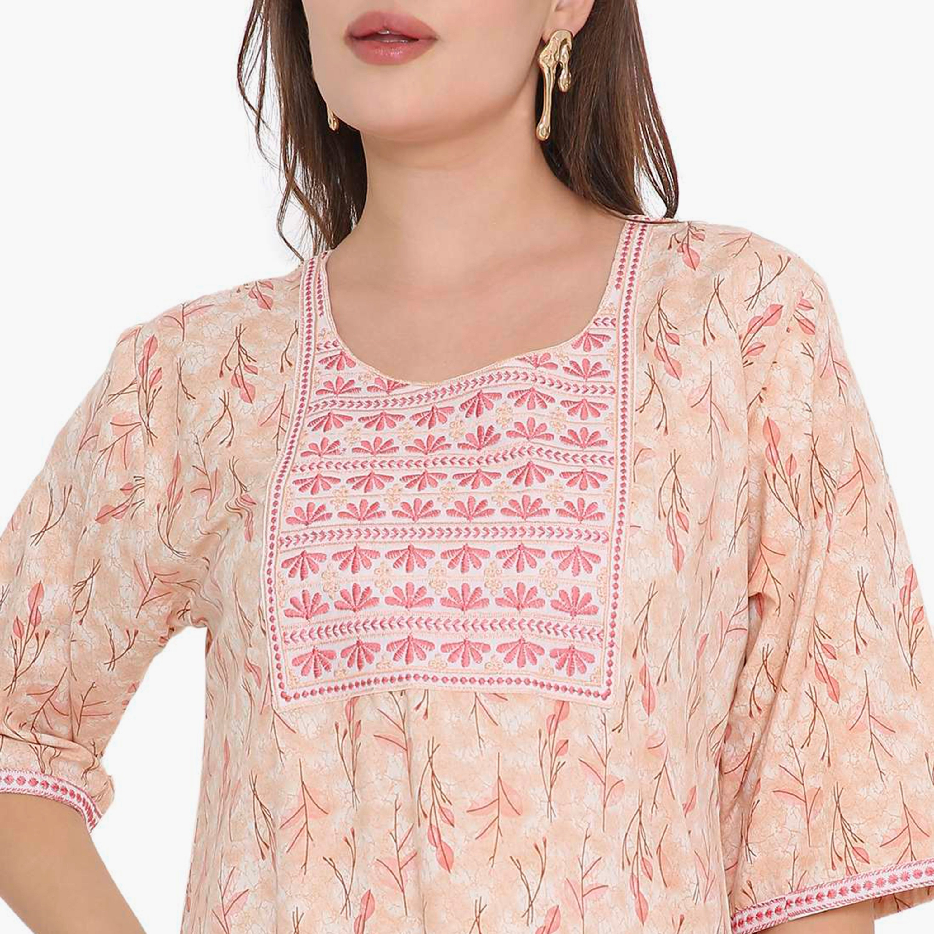 جلابية نسائية بطبعة أوراق الشجر وصدرية مطرزة من هنا أند سارة-women-arabicclothing-jalabiyas-image-2