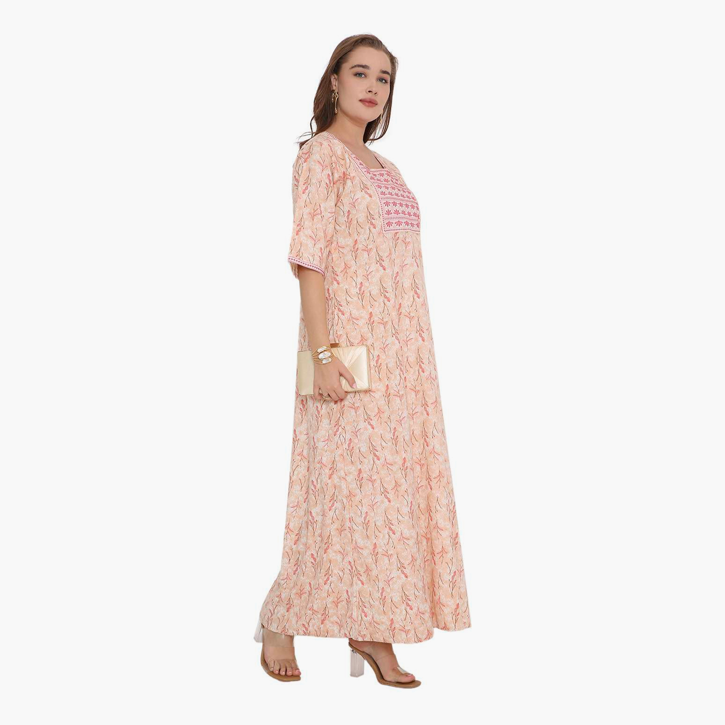 جلابية نسائية بطبعة أوراق الشجر وصدرية مطرزة من هنا أند سارة-women-arabicclothing-jalabiyas-image-3