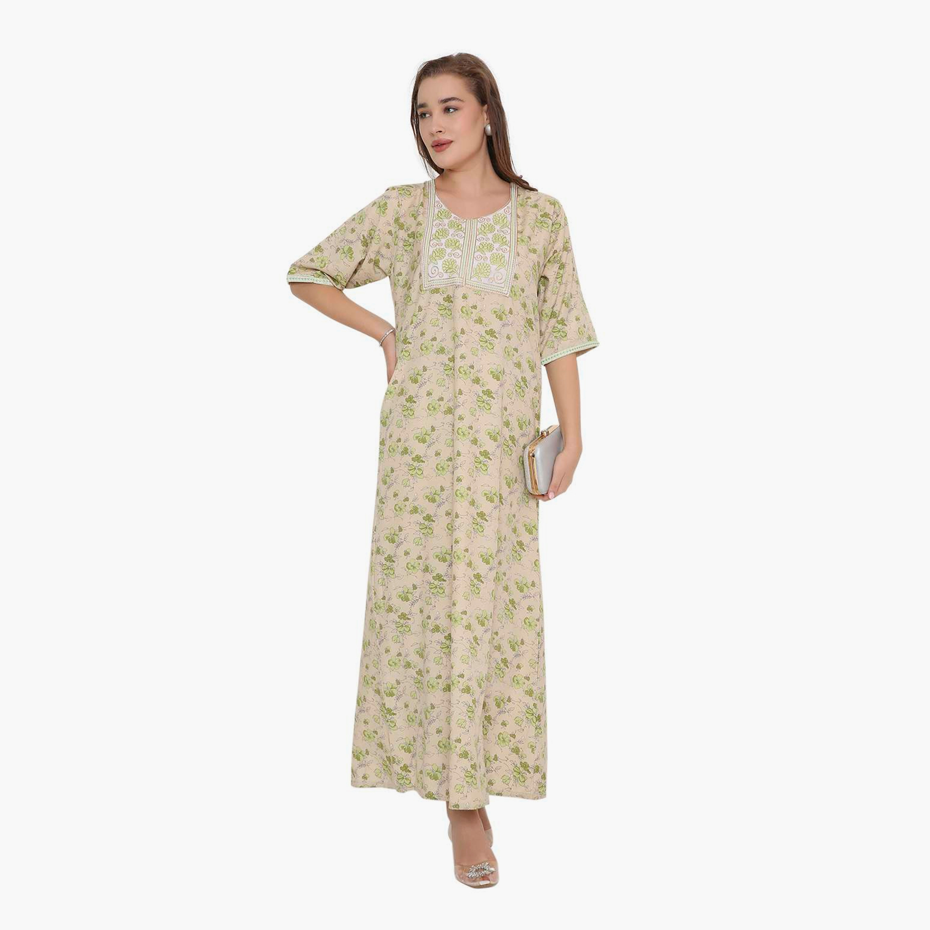 HanaandSara Floral Print & Embroidered Yoke Women's Jalabiya-women-arabicclothing-jalabiyas-image-11