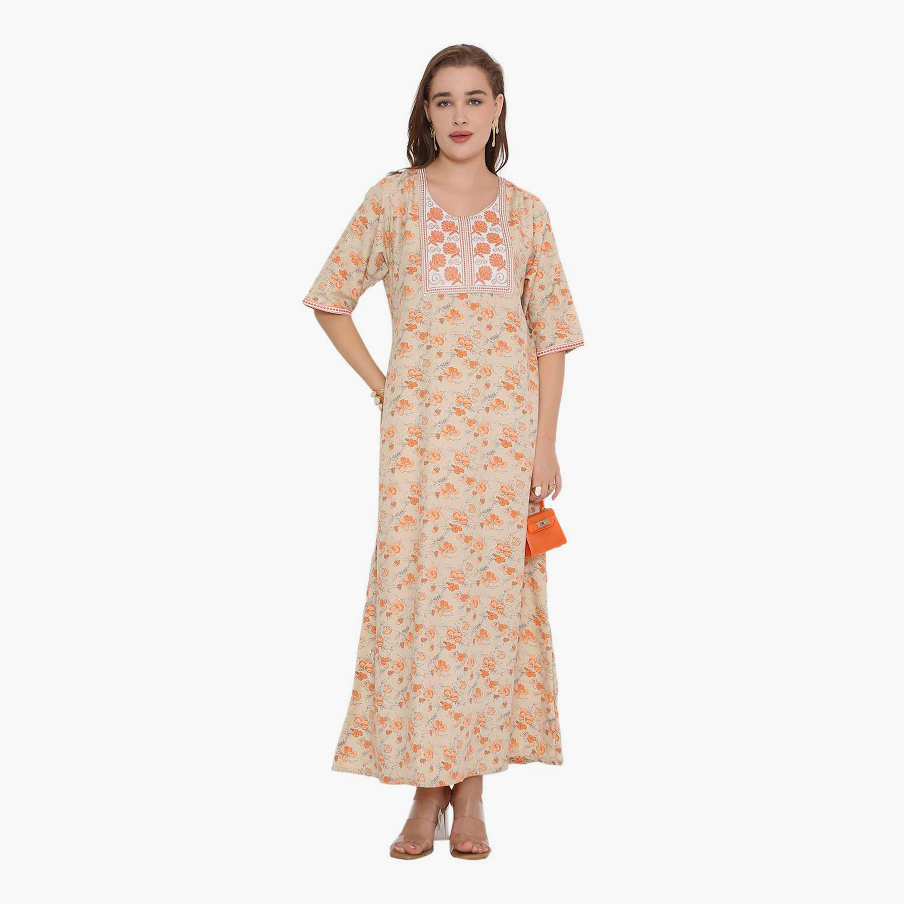 HanaandSara Floral Print & Embroidered Yoke Women's Jalabiya-women-arabicclothing-jalabiyas-image-6