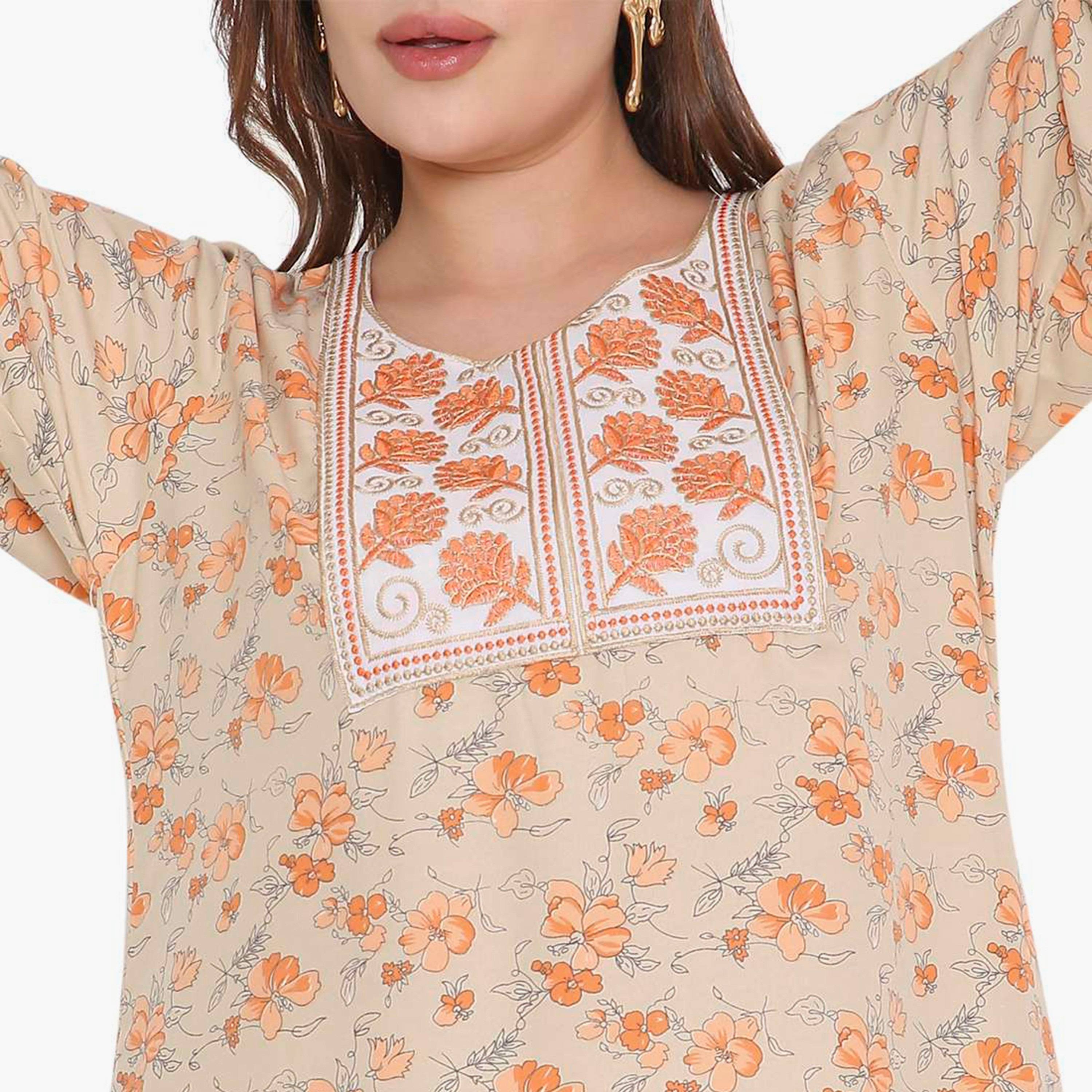 HanaandSara Floral Print & Embroidered Yoke Women's Jalabiya-women-arabicclothing-jalabiyas-image-7