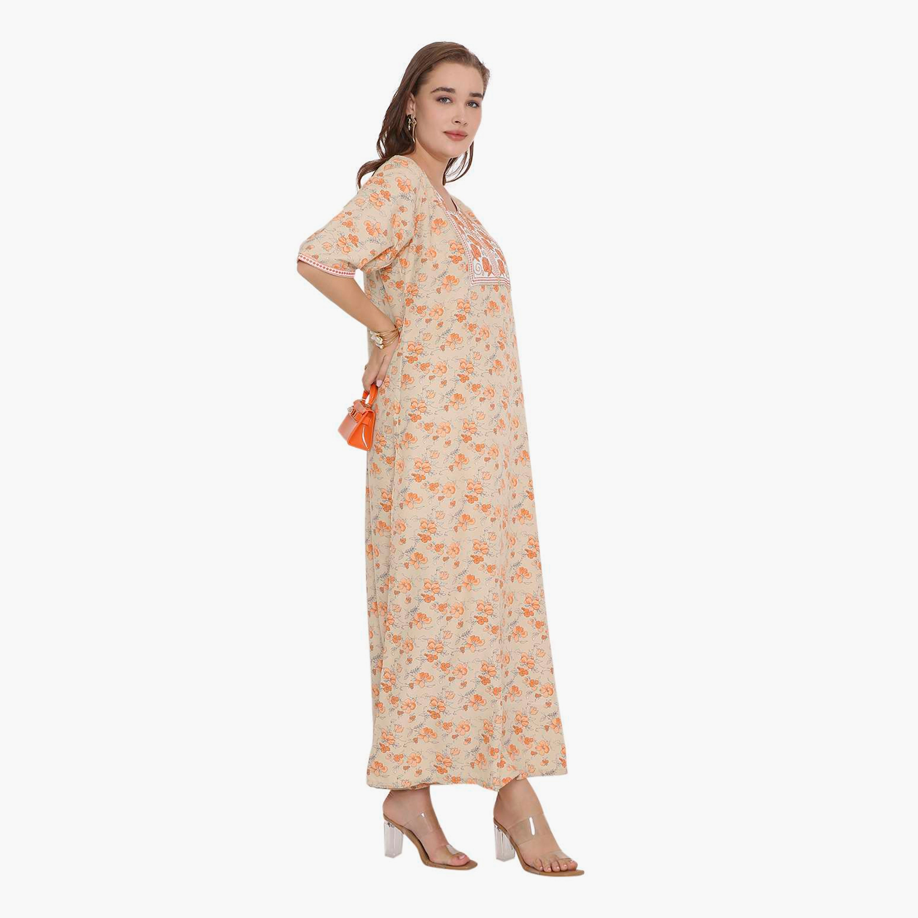 HanaandSara Floral Print & Embroidered Yoke Women's Jalabiya-women-arabicclothing-jalabiyas-image-8