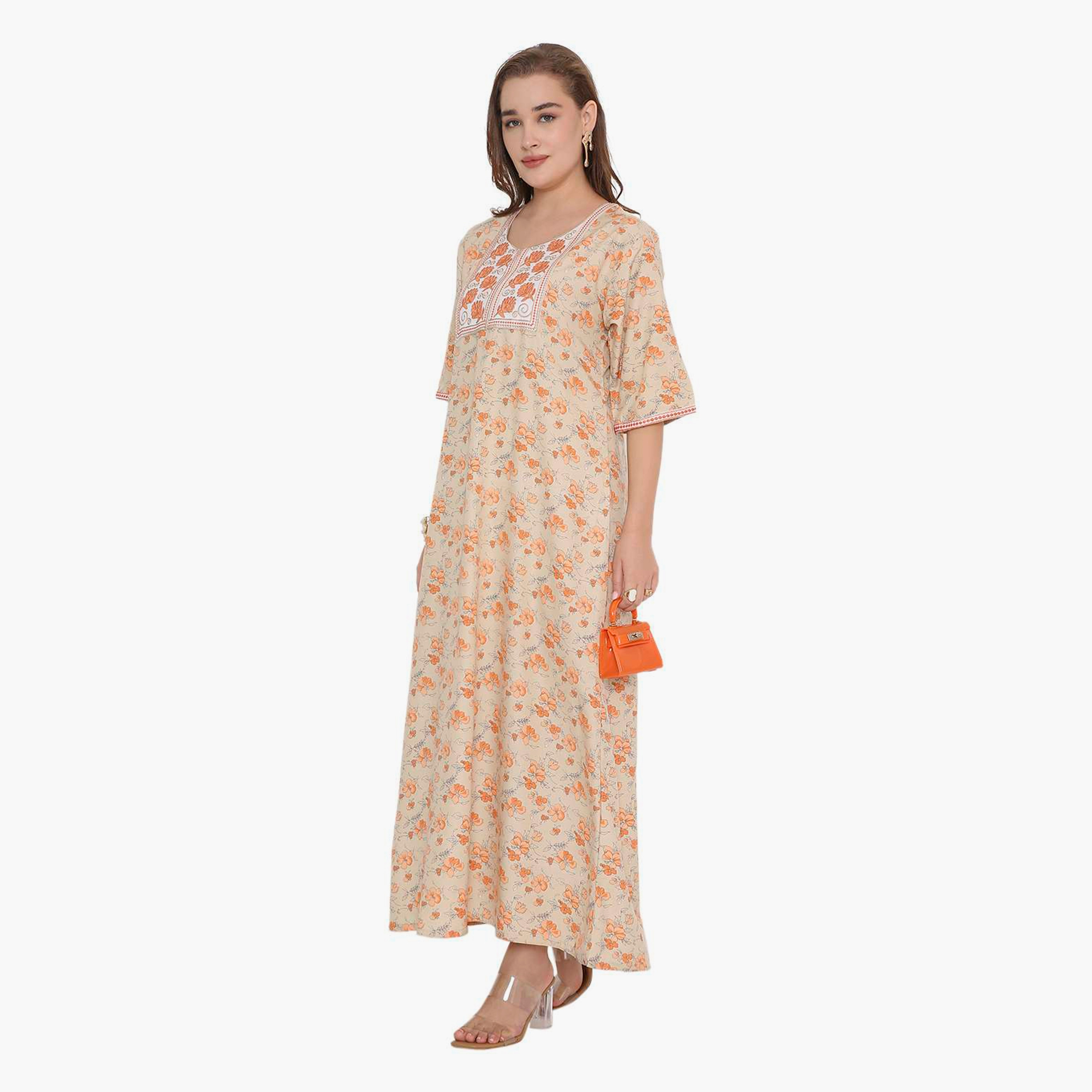 HanaandSara Floral Print & Embroidered Yoke Women's Jalabiya-women-arabicclothing-jalabiyas-image-9