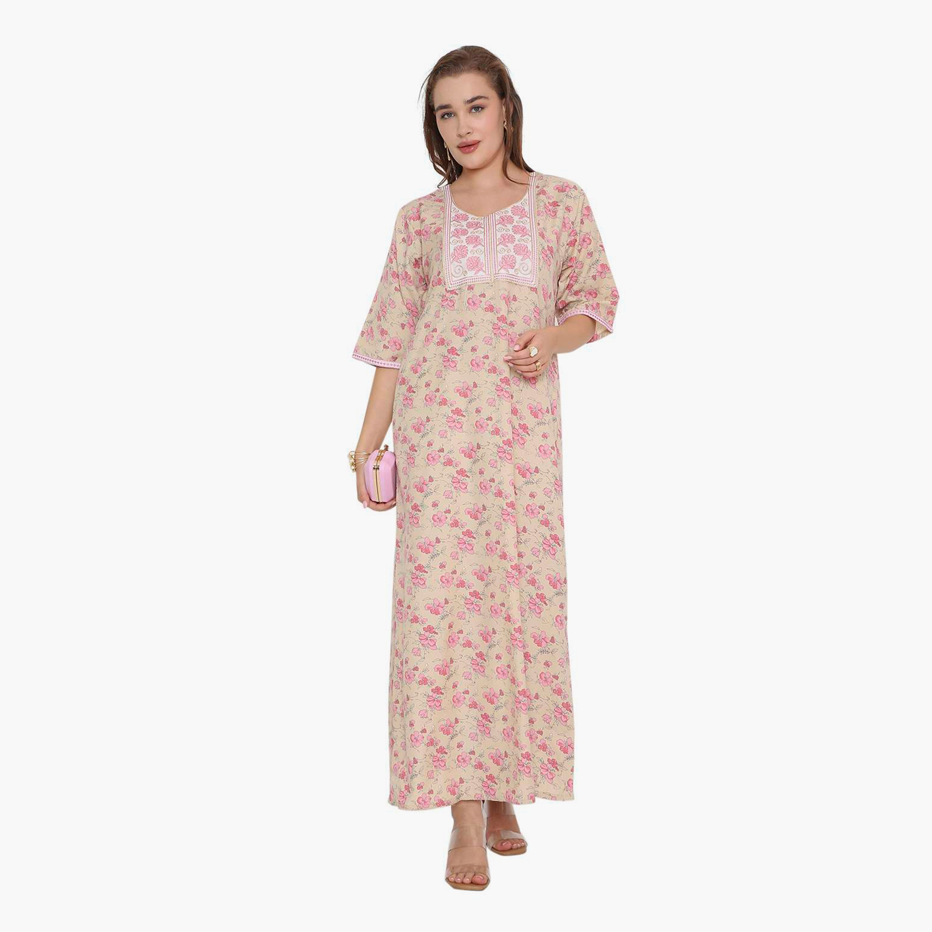 جلابية نسائية بطبعة زهور وصدرية مطرزة من هنا أند سارة-women-arabicclothing-jalabiyas-image-1