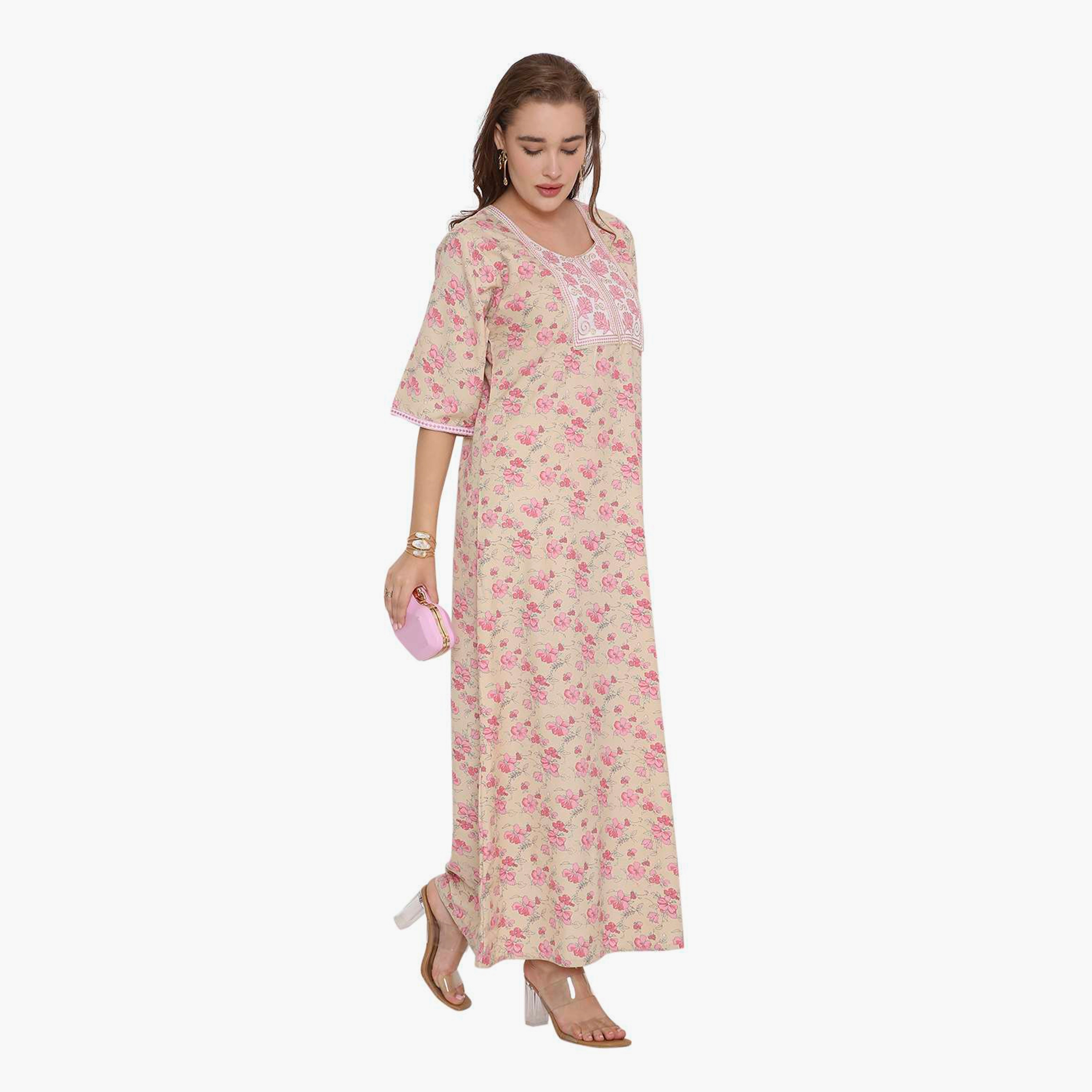 جلابية نسائية بطبعة زهور وصدرية مطرزة من هنا أند سارة-women-arabicclothing-jalabiyas-image-3