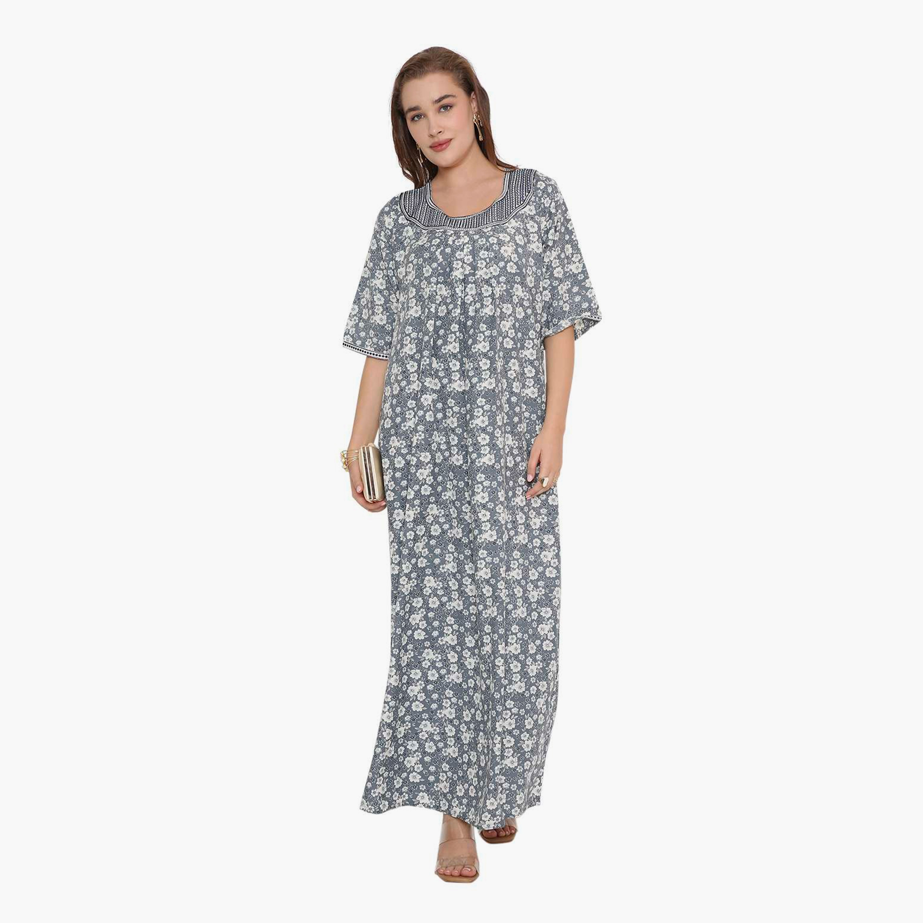 HanaandSara Floral Print & Embroidered Neck Women's Jalabiya-women-arabicclothing-jalabiyas-image-11