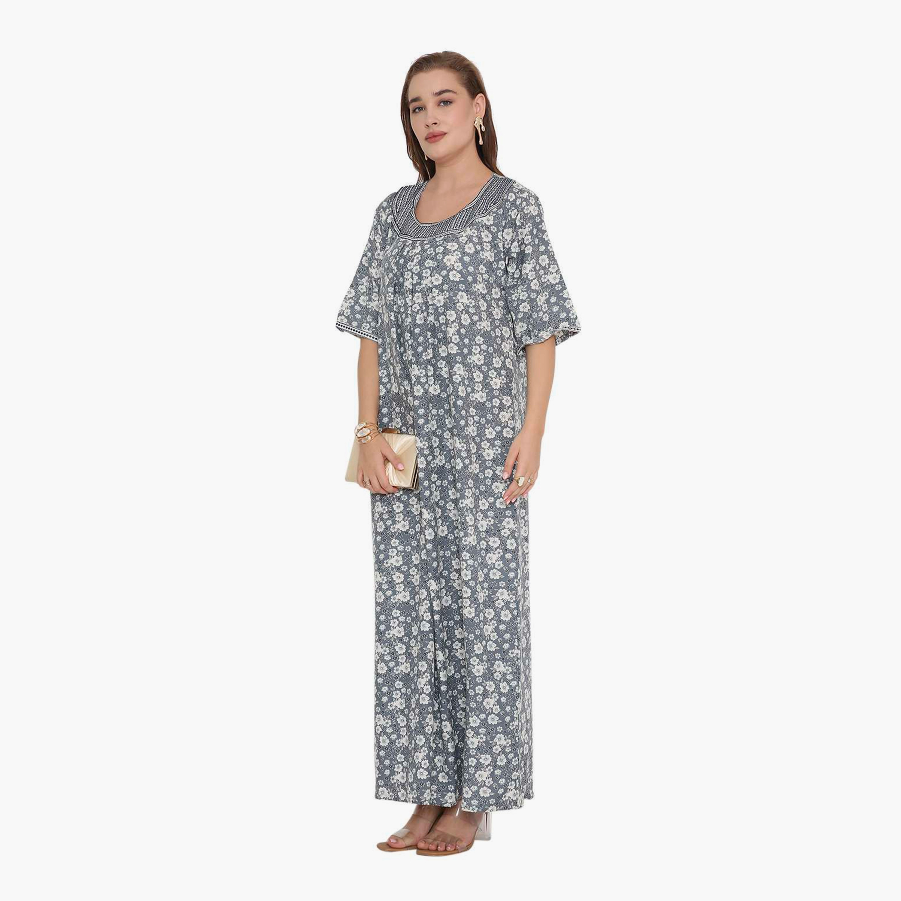 HanaandSara Floral Print & Embroidered Neck Women's Jalabiya-women-arabicclothing-jalabiyas-image-14