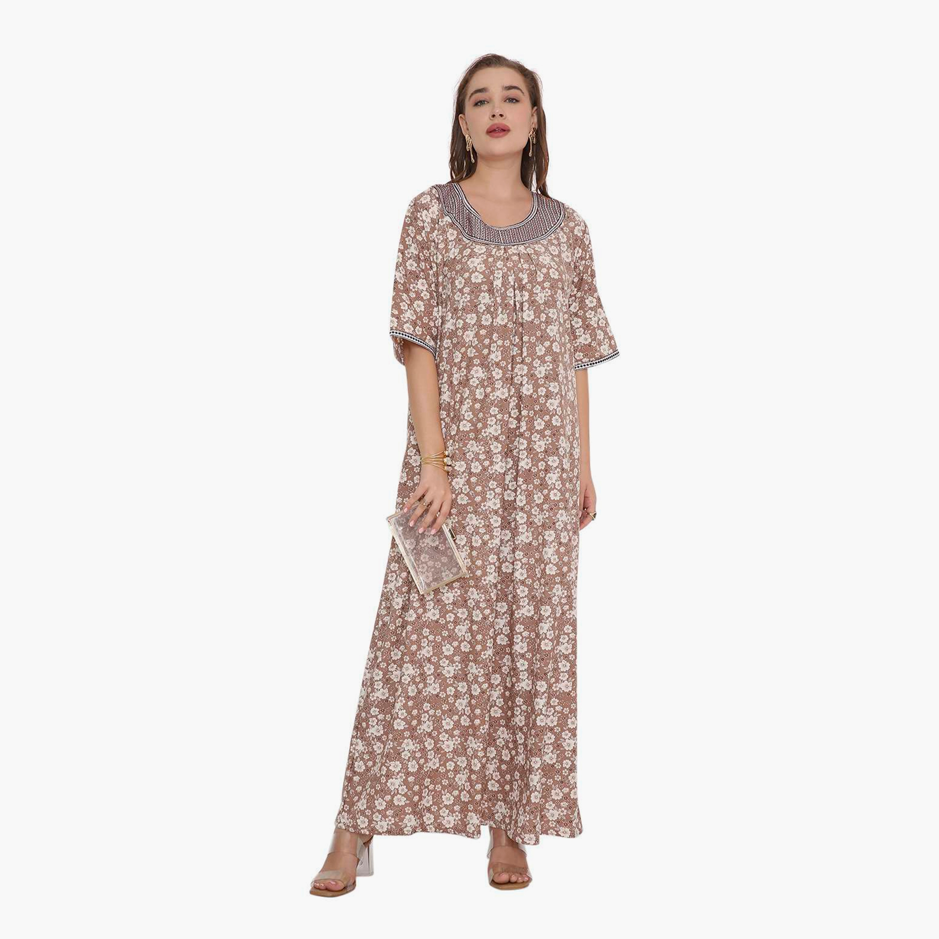 HanaandSara Floral Print & Embroidered Neck Women's Jalabiya-women-arabicclothing-jalabiyas-image-6