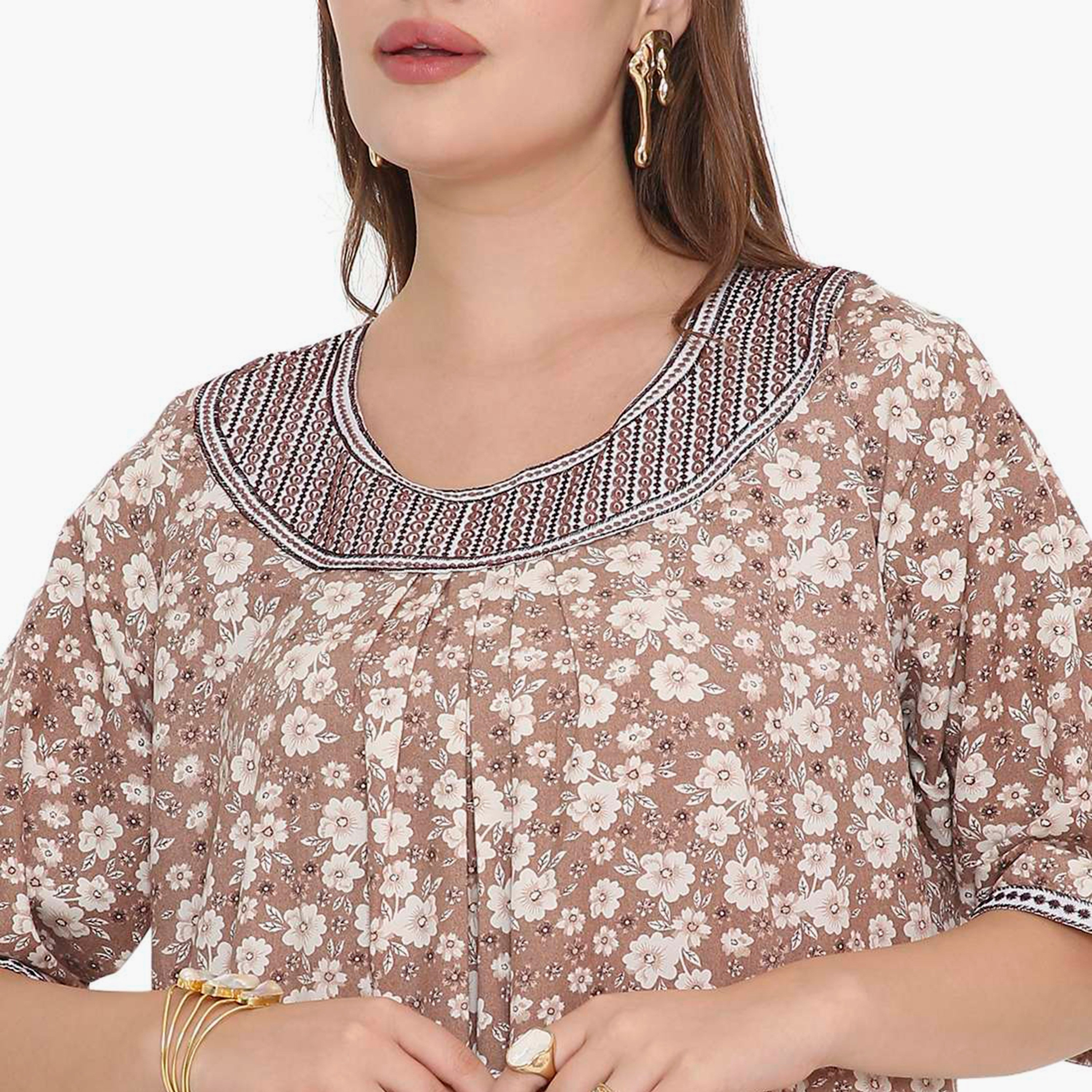 HanaandSara Floral Print & Embroidered Neck Women's Jalabiya-women-arabicclothing-jalabiyas-image-7