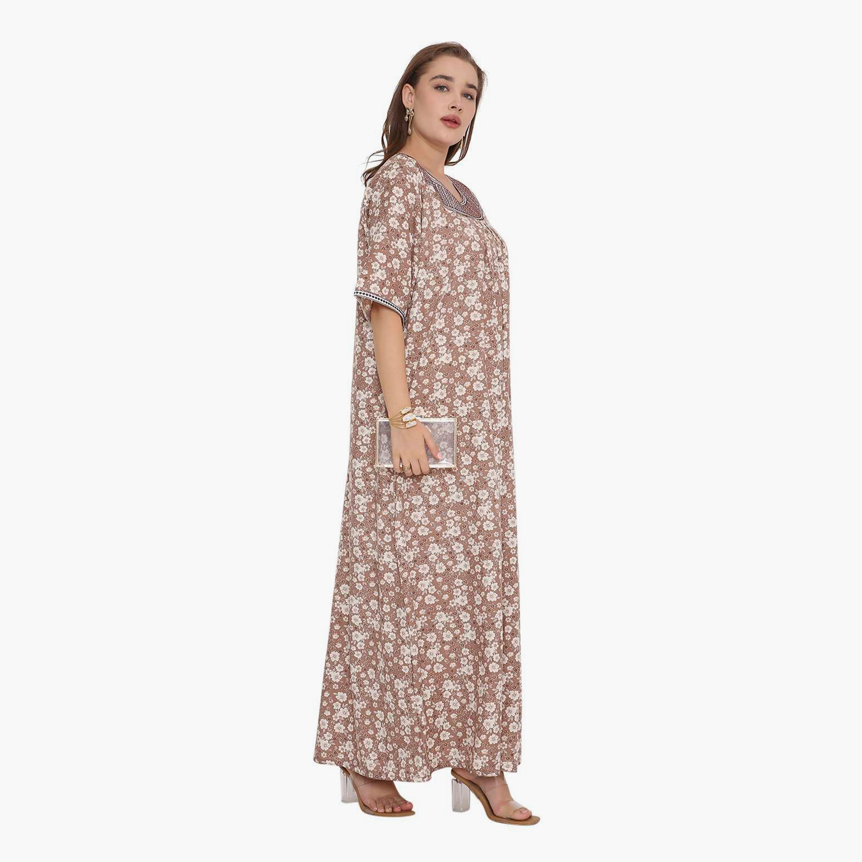 HanaandSara Floral Print & Embroidered Neck Women's Jalabiya-women-arabicclothing-jalabiyas-image-8