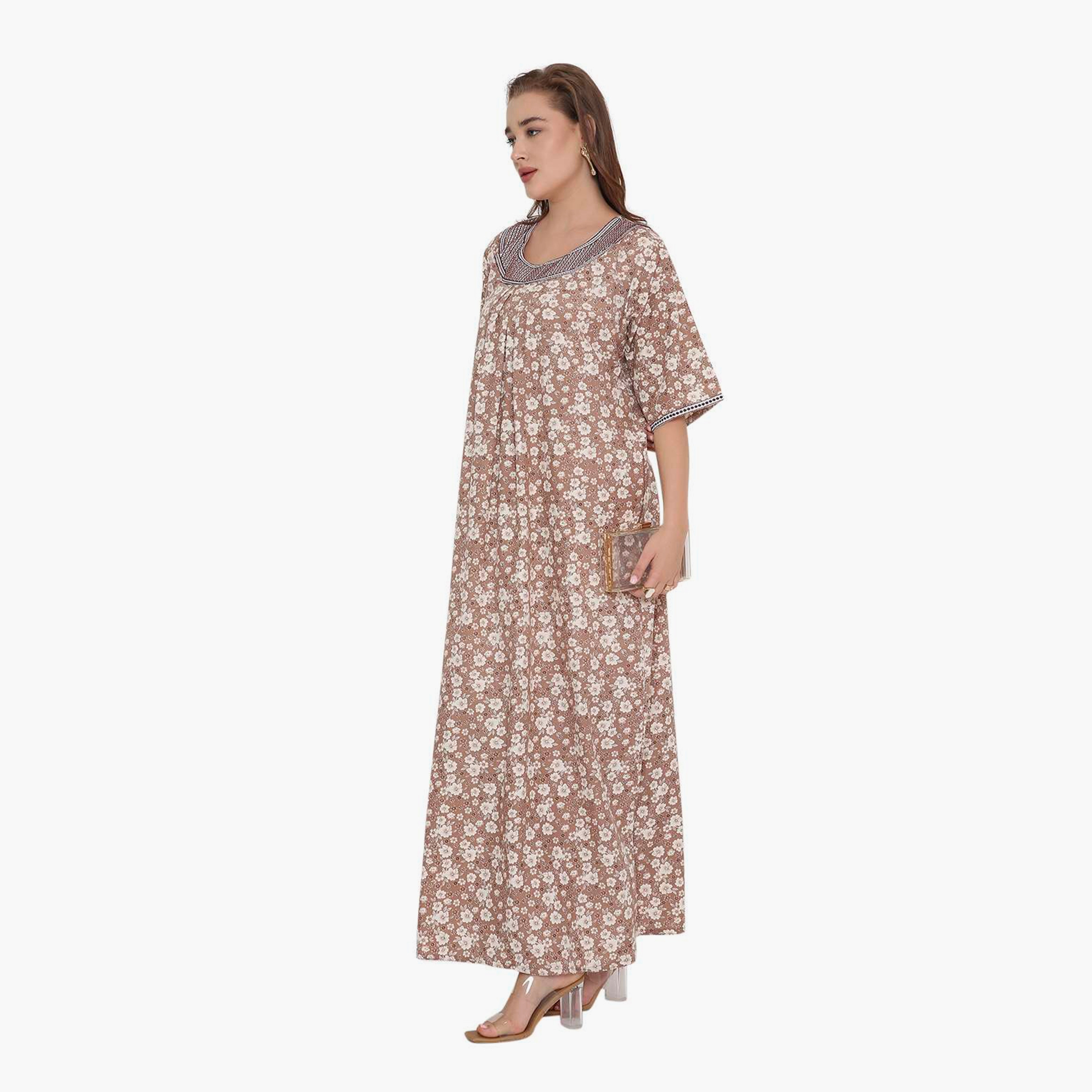 HanaandSara Floral Print & Embroidered Neck Women's Jalabiya-women-arabicclothing-jalabiyas-image-9