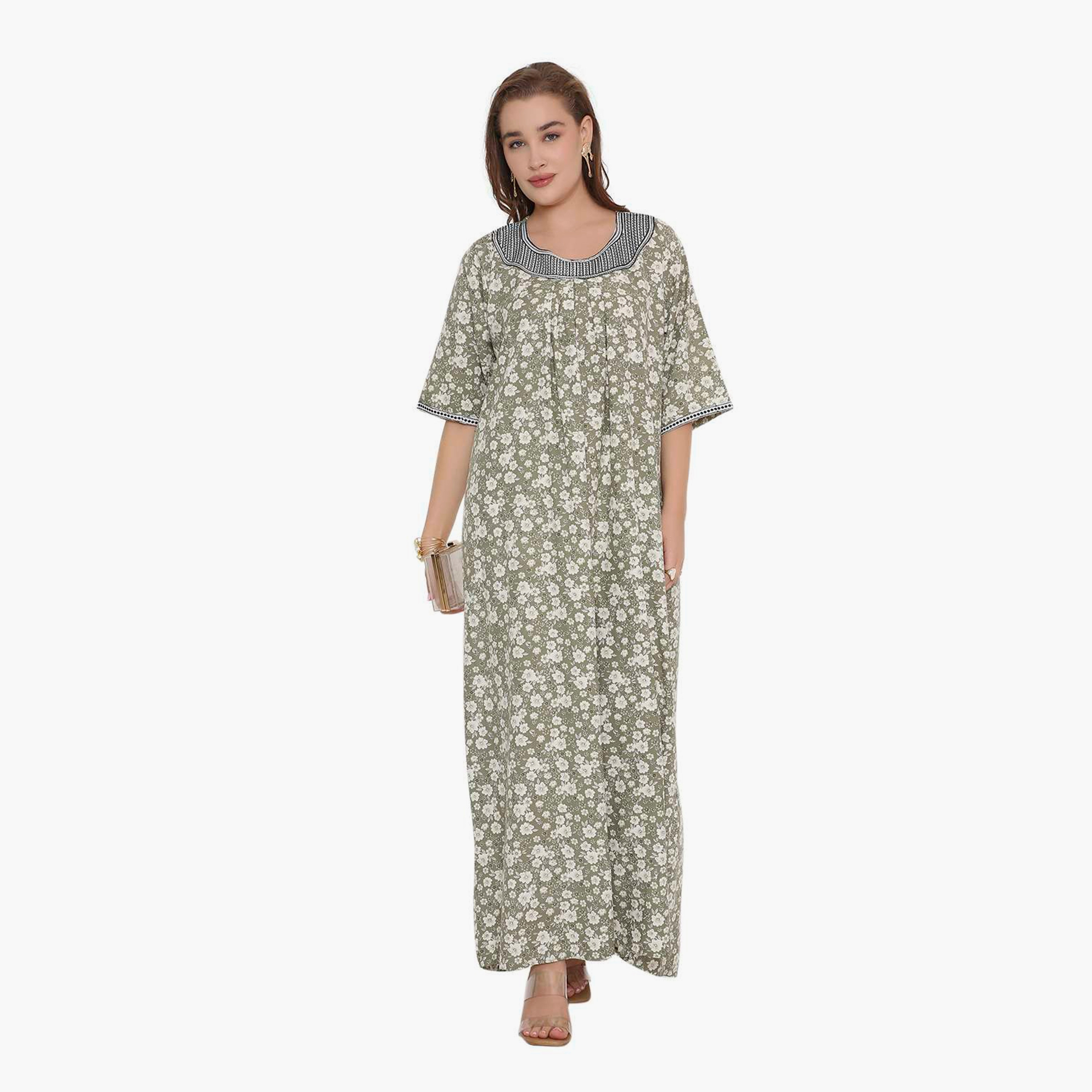 HanaandSara Floral Print & Embroidered Neck Women's Jalabiya-women-arabicclothing-jalabiyas-image-1