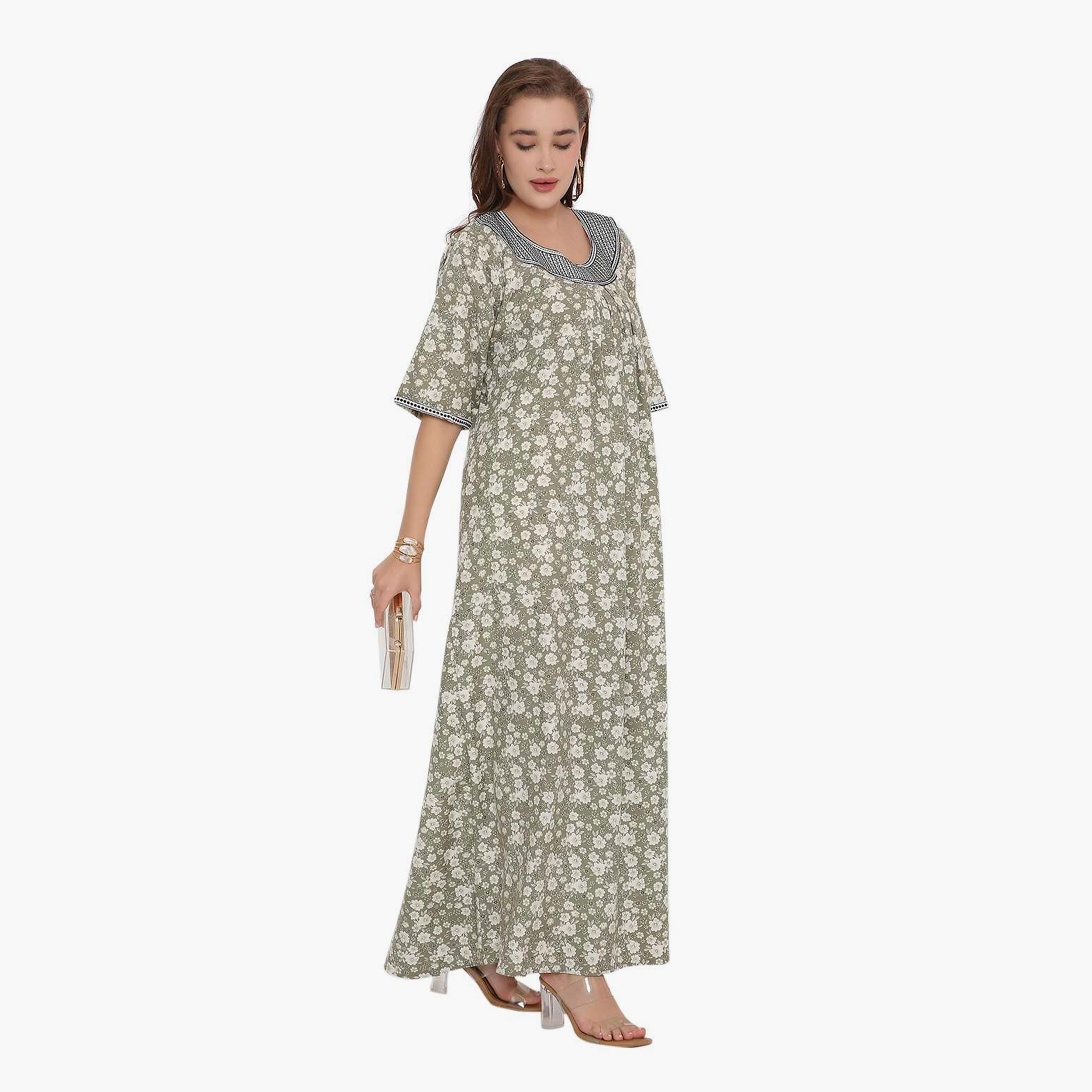 HanaandSara Floral Print & Embroidered Neck Women's Jalabiya-women-arabicclothing-jalabiyas-image-3