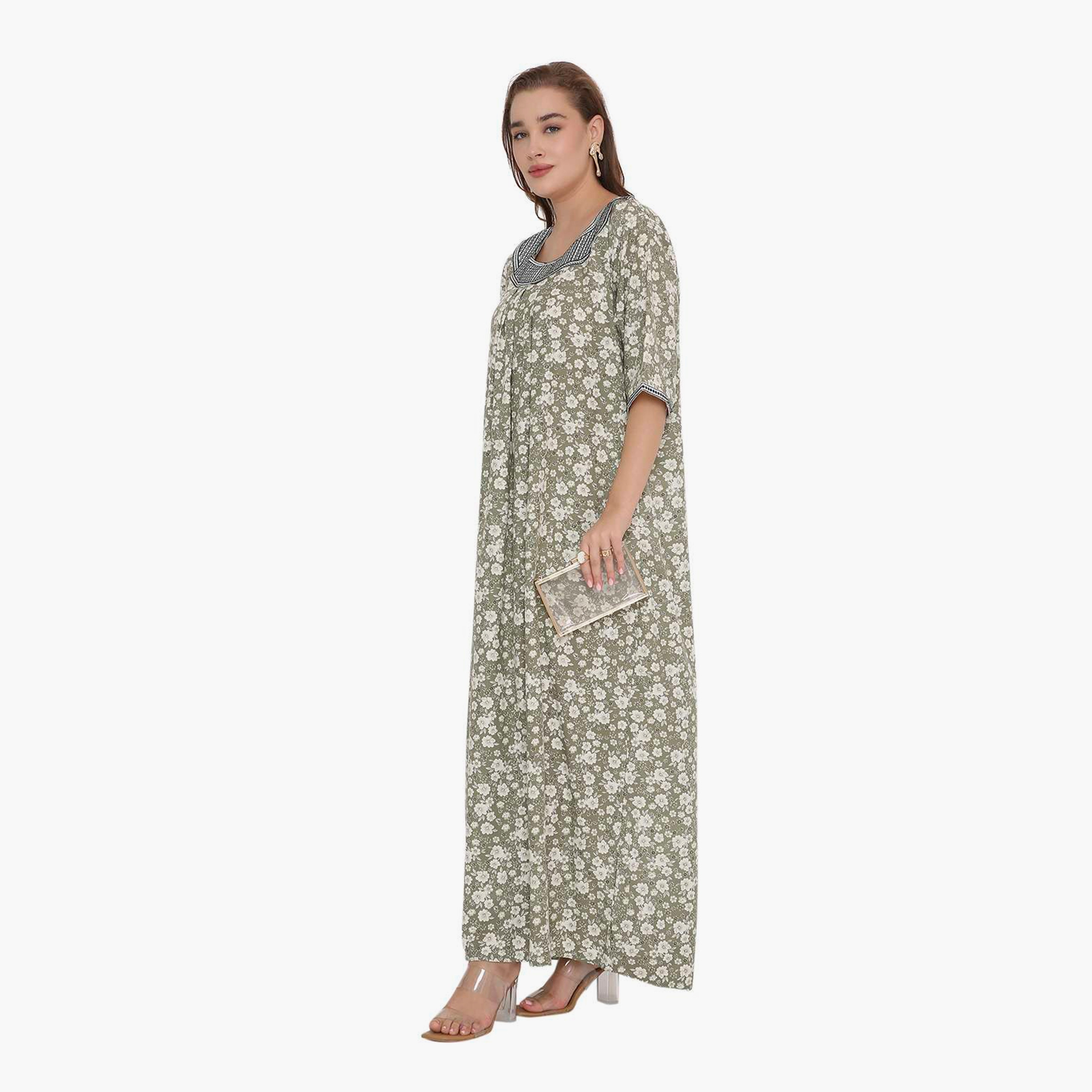 HanaandSara Floral Print & Embroidered Neck Women's Jalabiya-women-arabicclothing-jalabiyas-image-4