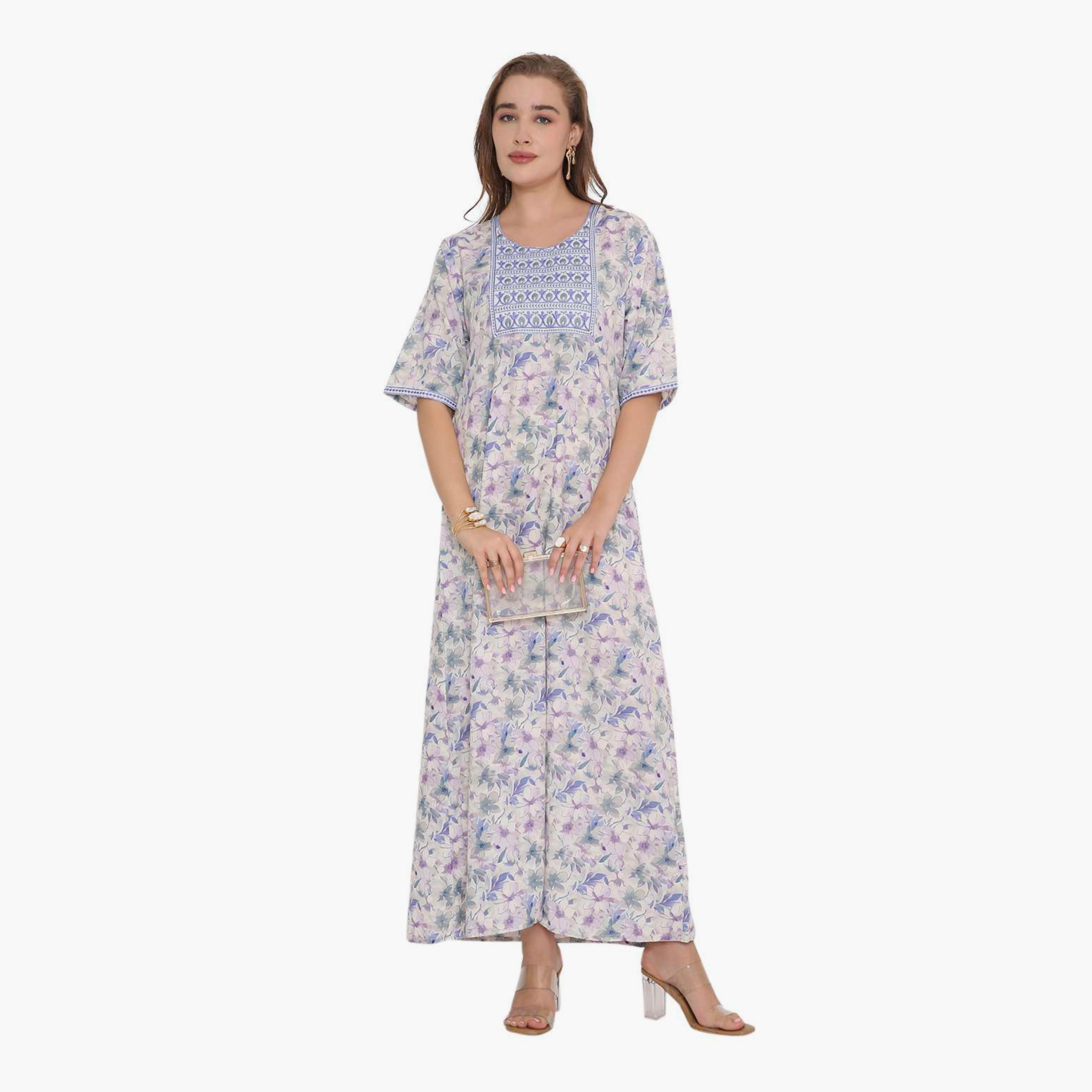 HanaandSara Floral Print & Embroidered Yoke Women's Jalabiya-women-arabicclothing-jalabiyas-image-11