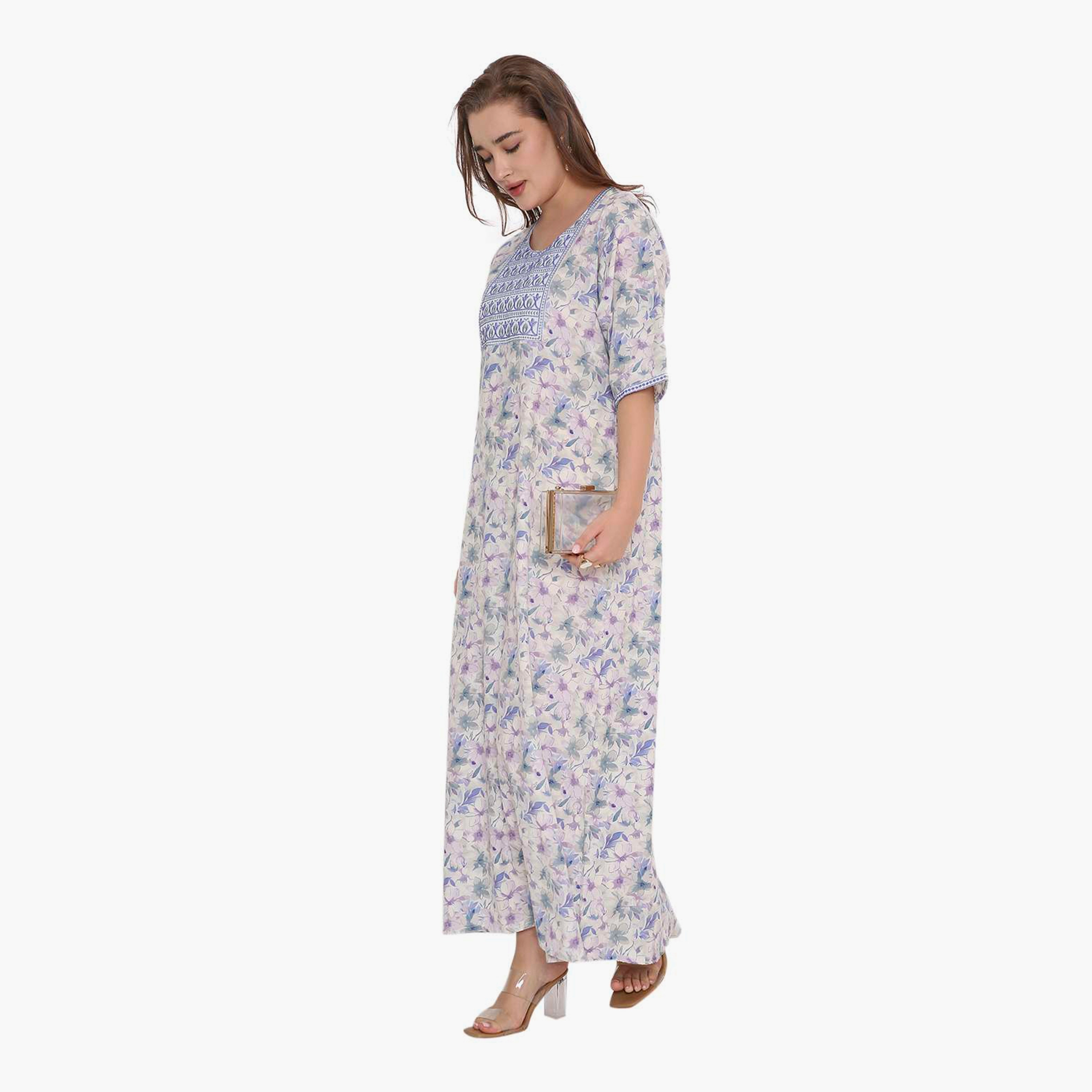HanaandSara Floral Print & Embroidered Yoke Women's Jalabiya-women-arabicclothing-jalabiyas-image-14
