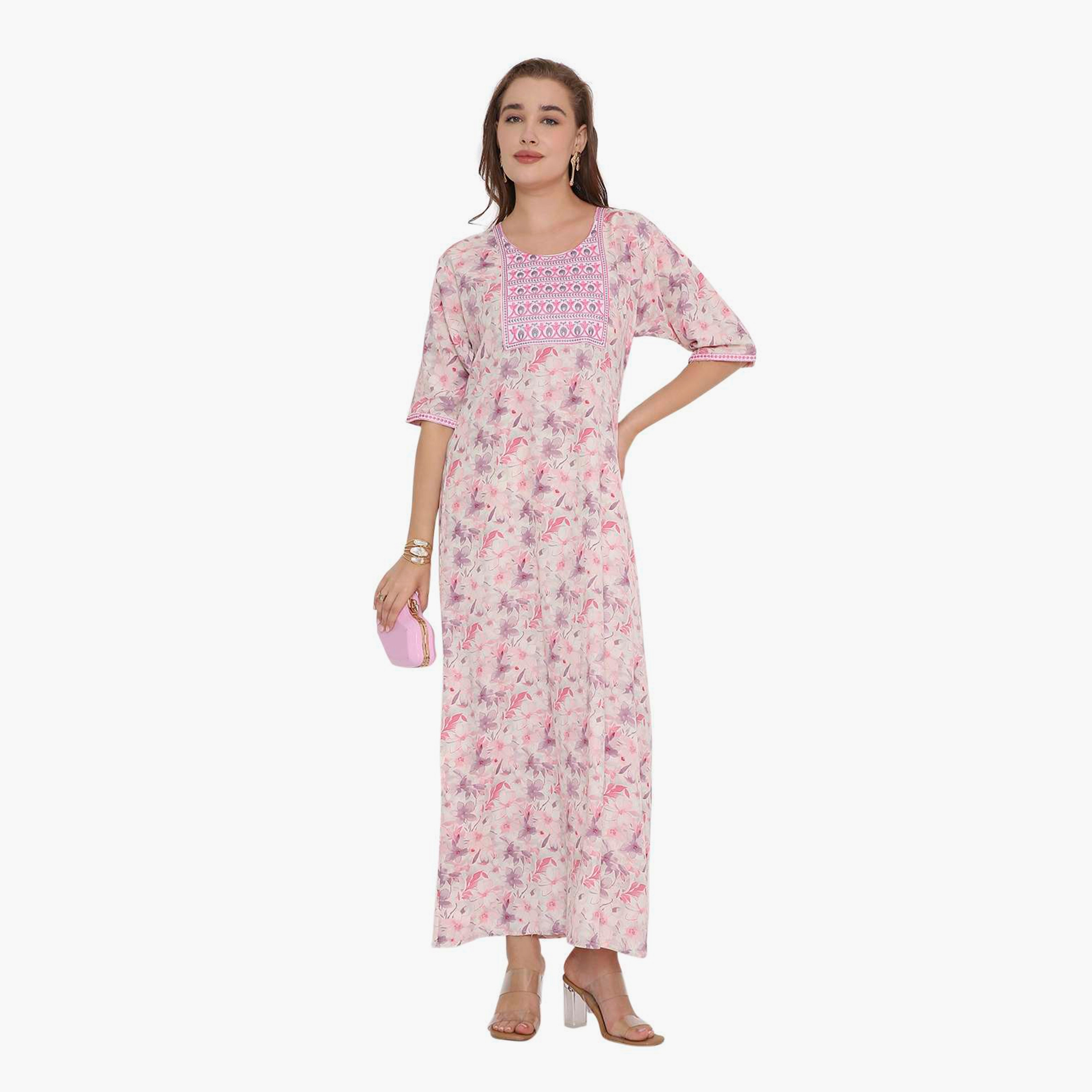 HanaandSara Floral Print & Embroidered Yoke Women's Jalabiya-women-arabicclothing-jalabiyas-image-1