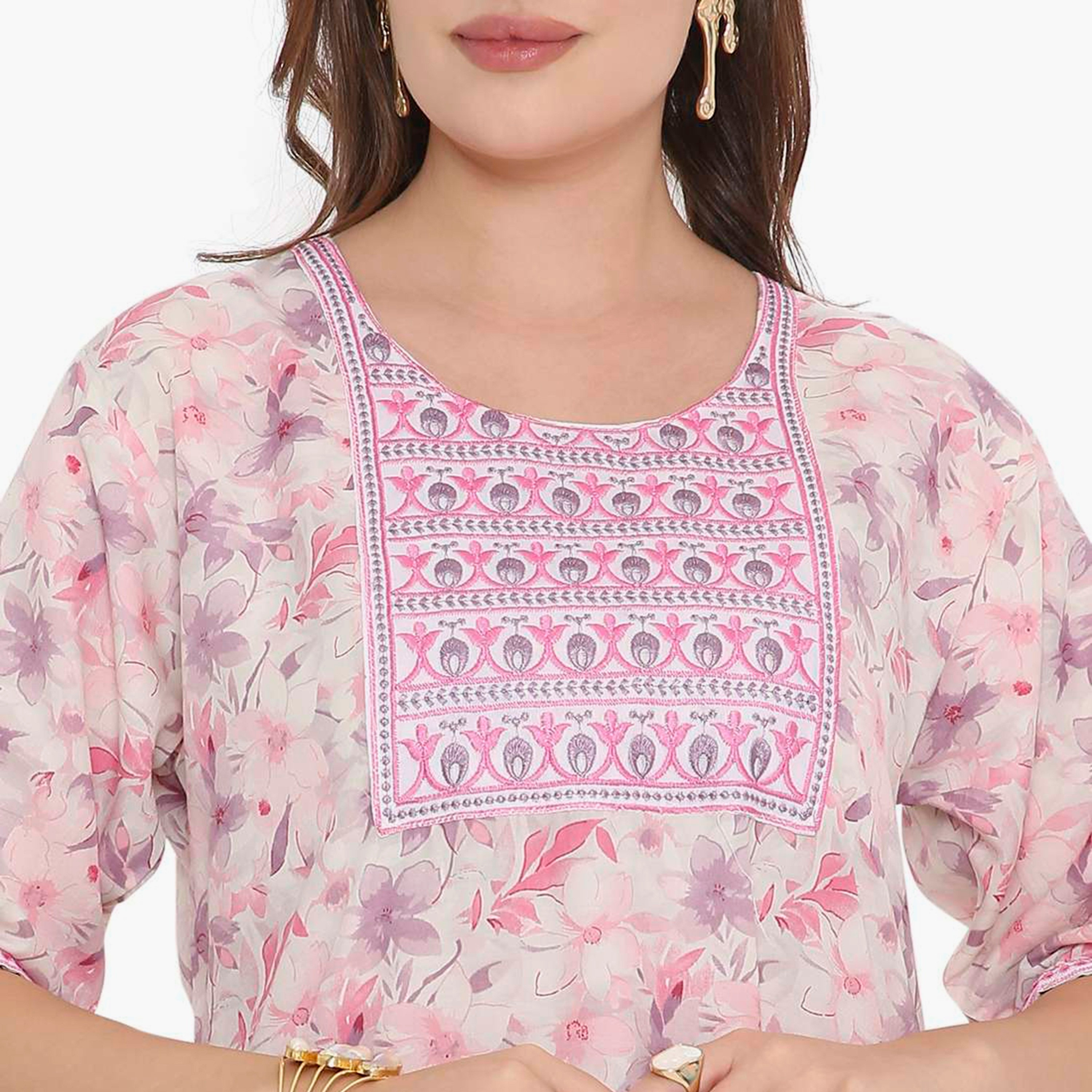 HanaandSara Floral Print & Embroidered Yoke Women's Jalabiya-women-arabicclothing-jalabiyas-image-2