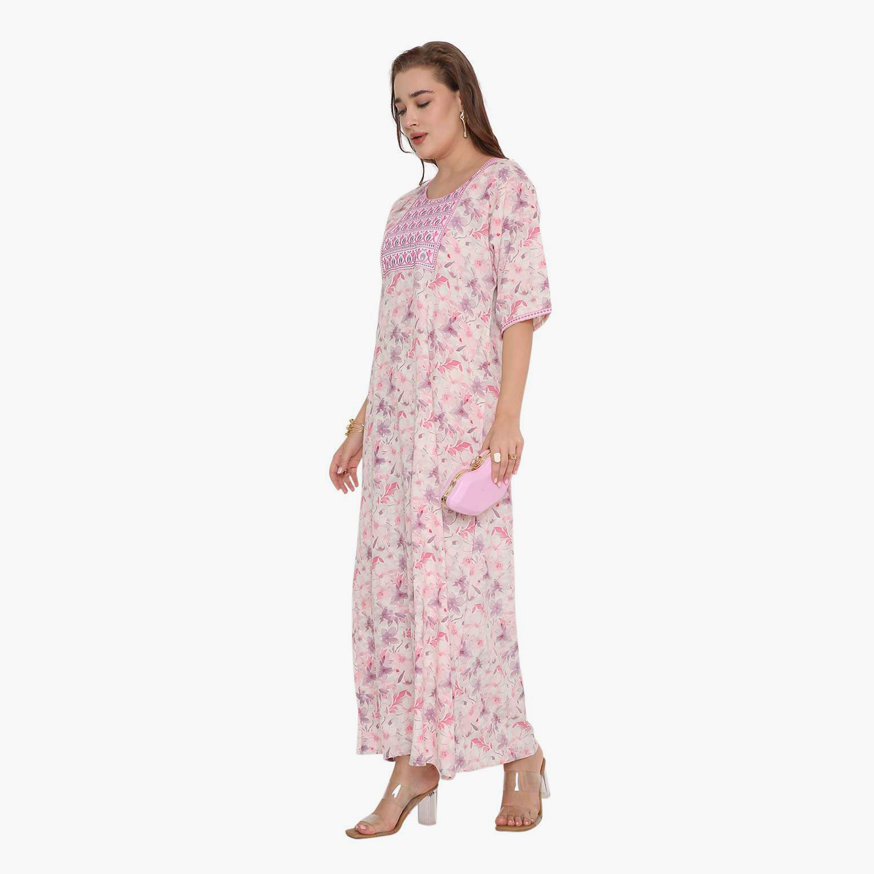 HanaandSara Floral Print & Embroidered Yoke Women's Jalabiya-women-arabicclothing-jalabiyas-image-4