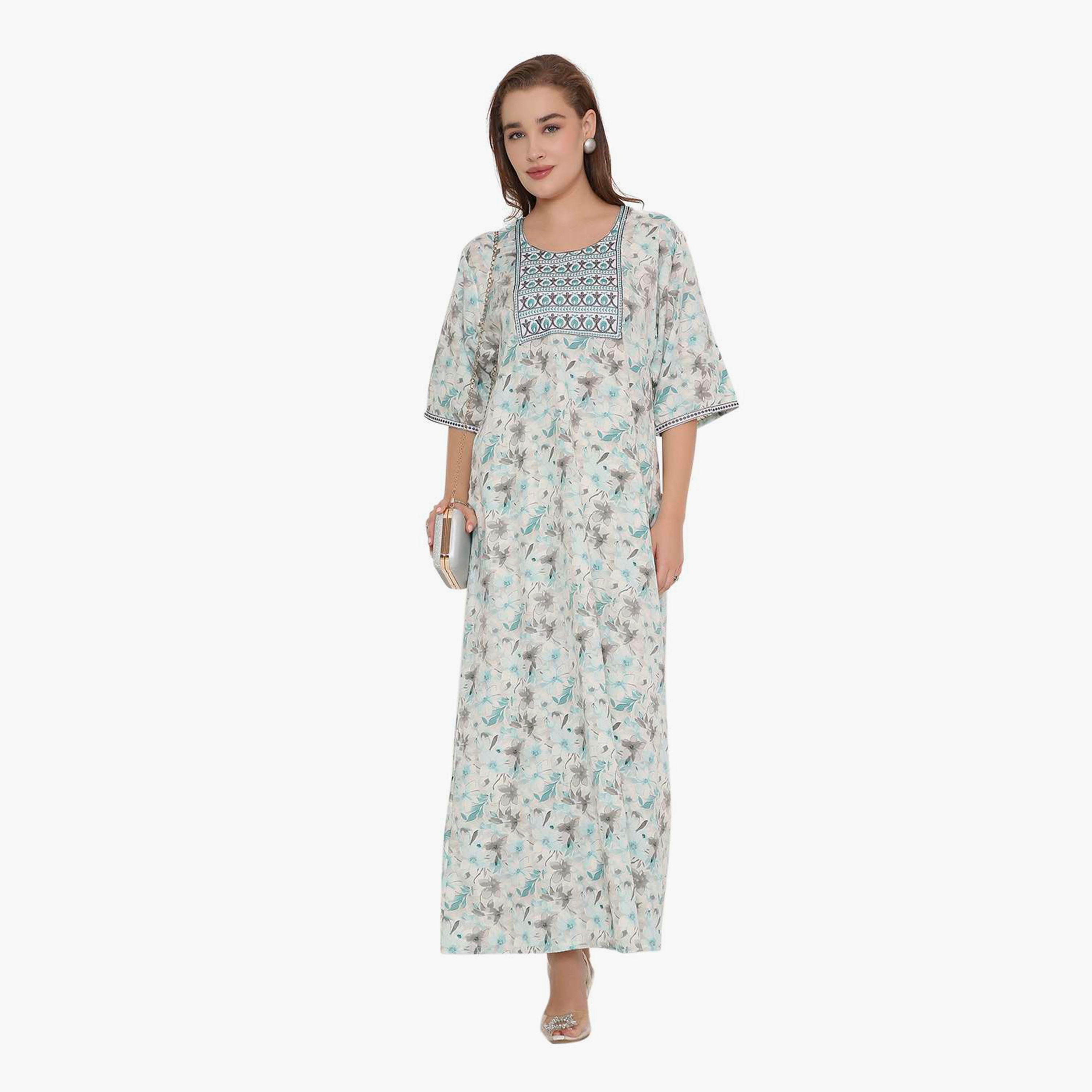 HanaandSara Floral Print & Embroidered Yoke Women's Jalabiya-women-arabicclothing-jalabiyas-image-6