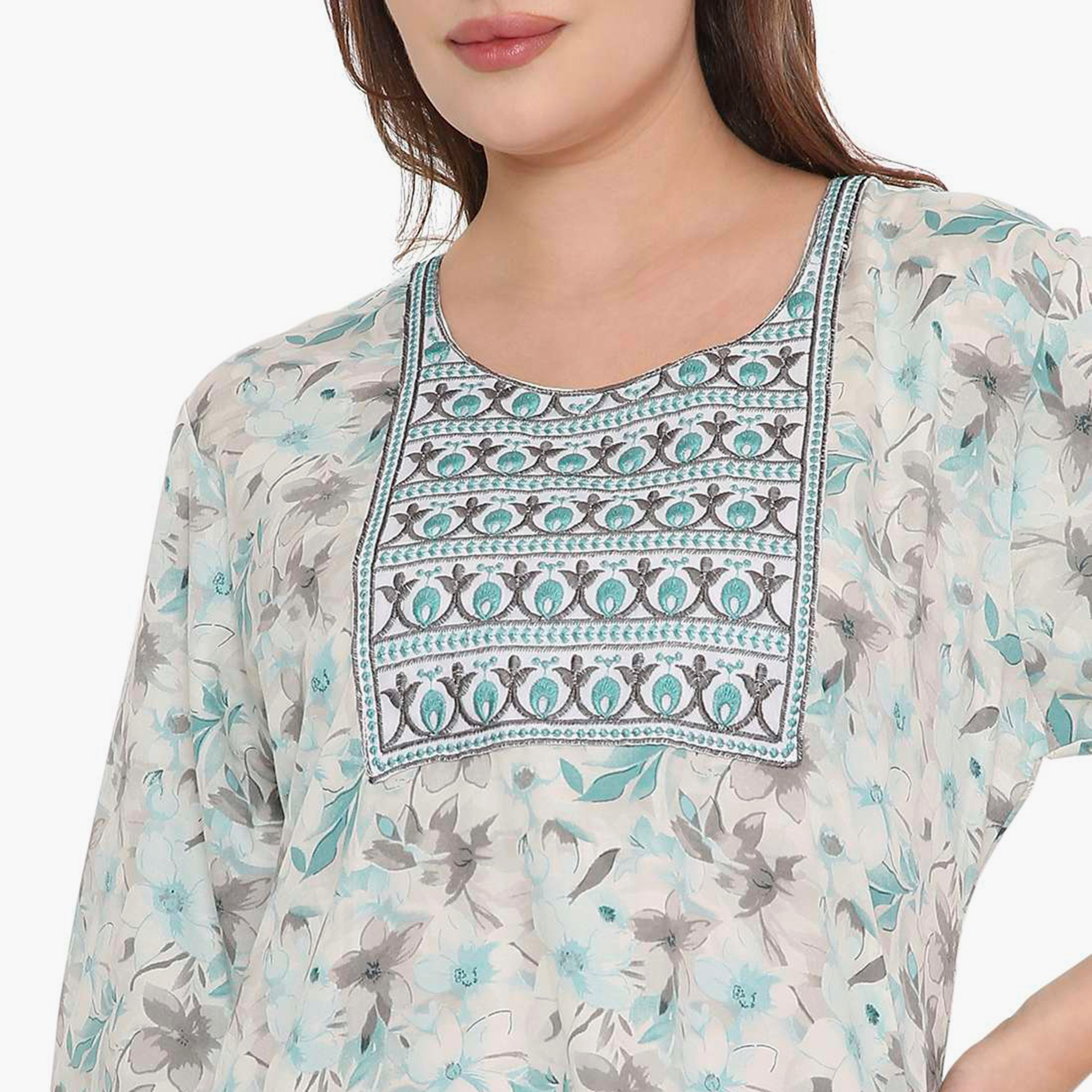 HanaandSara Floral Print & Embroidered Yoke Women's Jalabiya-women-arabicclothing-jalabiyas-image-7