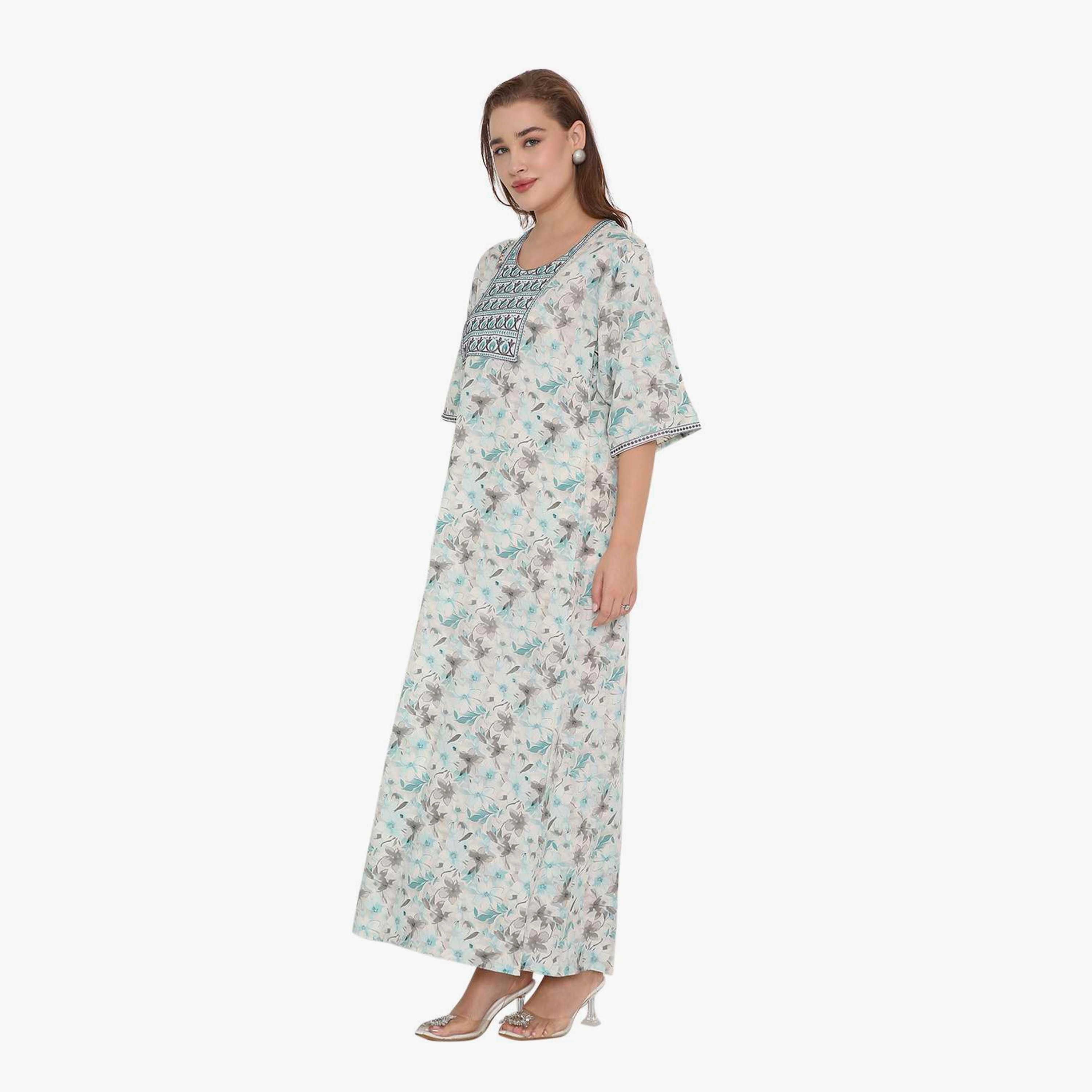 HanaandSara Floral Print & Embroidered Yoke Women's Jalabiya-women-arabicclothing-jalabiyas-image-9