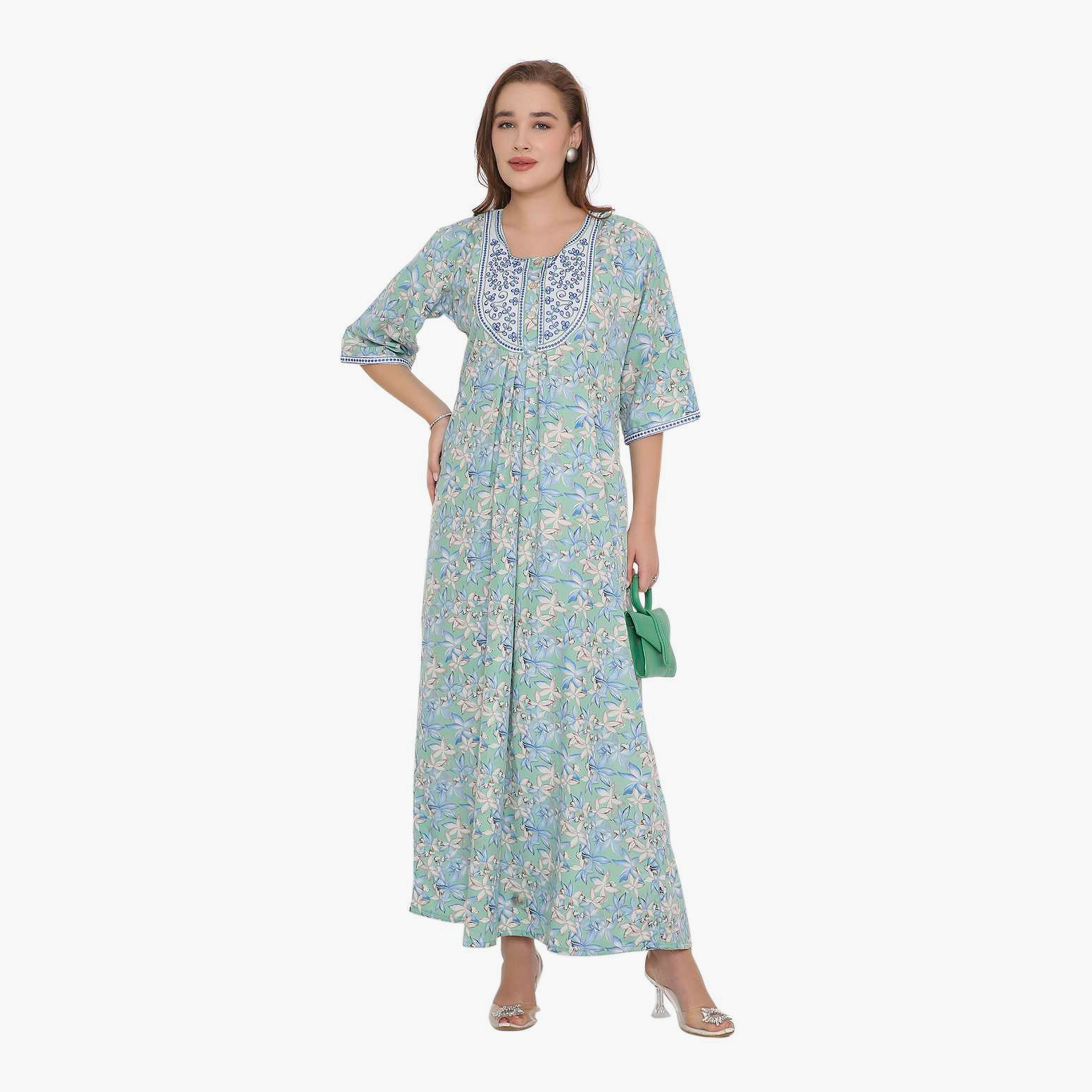 HanaandSara Floral Print & Embroidered Yoke Women's Jalabiya-women-arabicclothing-jalabiyas-image-11