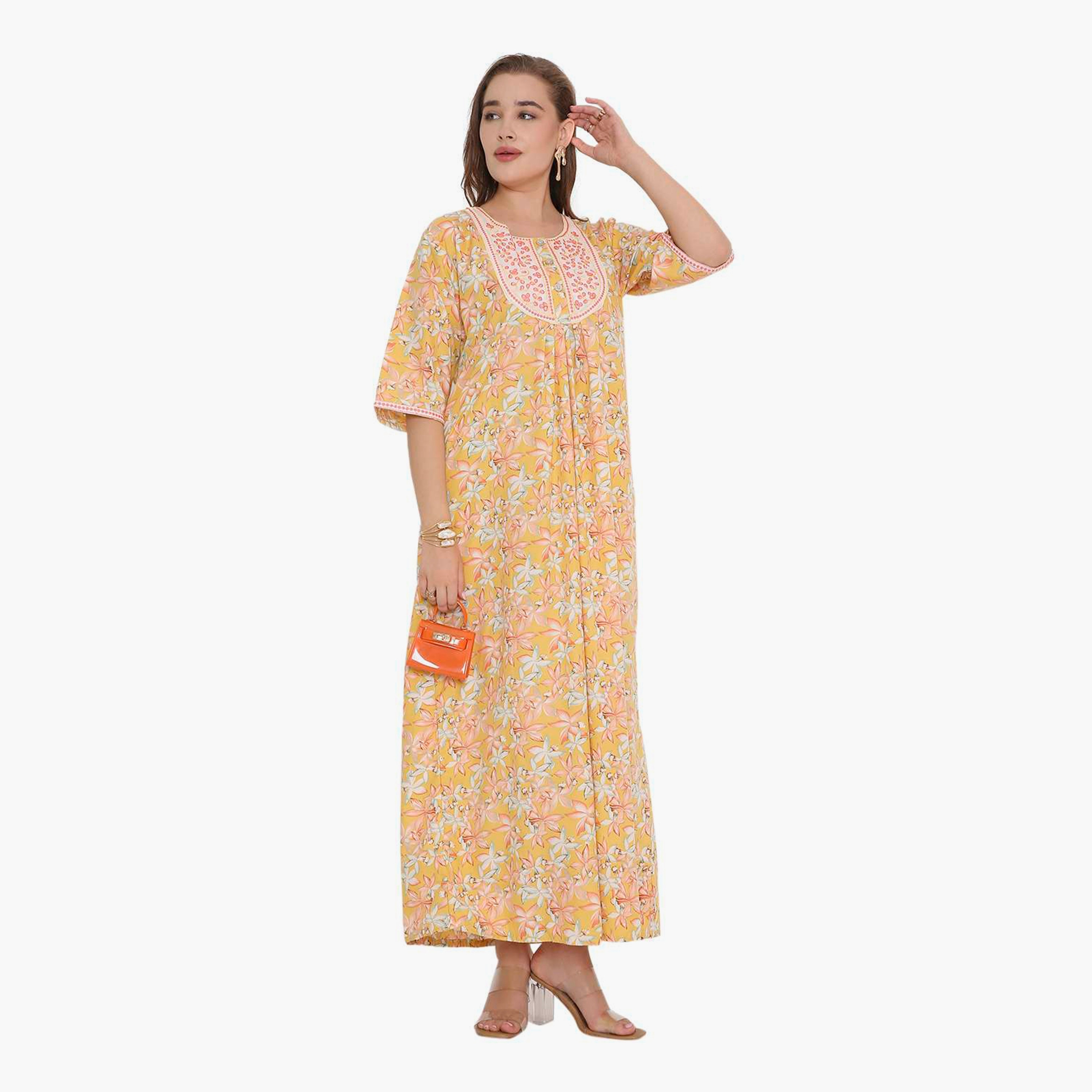 HanaandSara Floral Print & Embroidered Yoke Women's Jalabiya-women-arabicclothing-jalabiyas-image-6