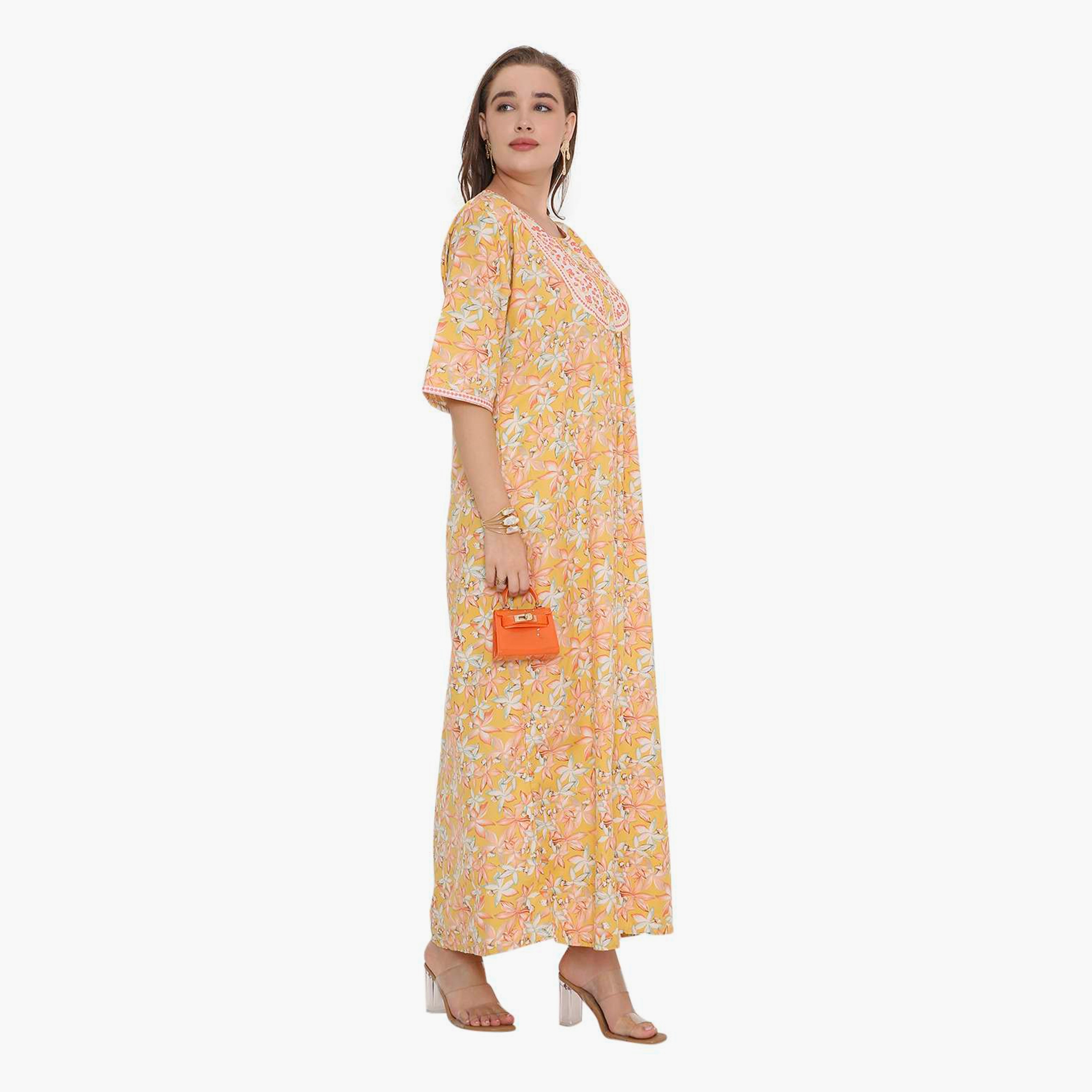 HanaandSara Floral Print & Embroidered Yoke Women's Jalabiya-women-arabicclothing-jalabiyas-image-8