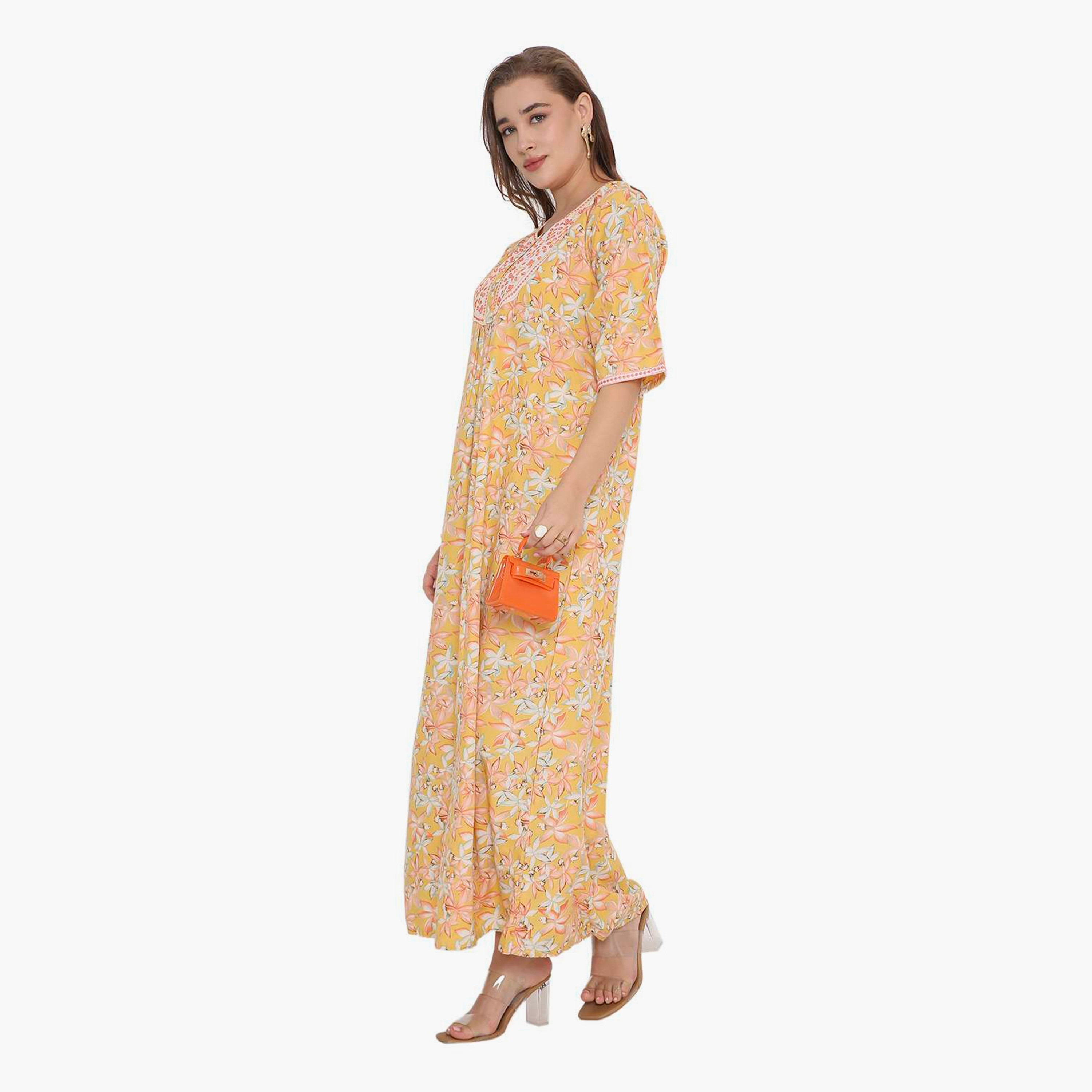 HanaandSara Floral Print & Embroidered Yoke Women's Jalabiya-women-arabicclothing-jalabiyas-image-9